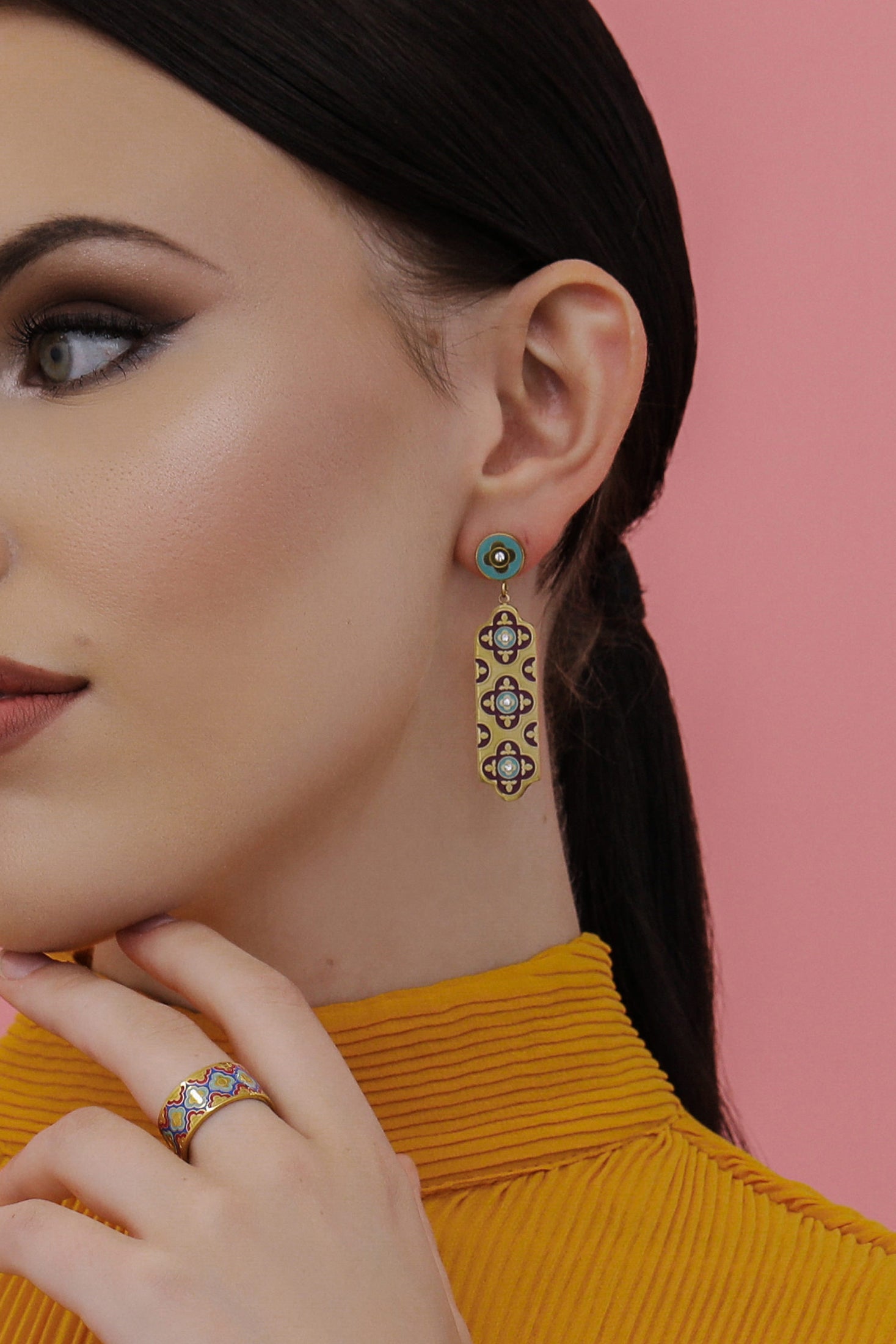 Lellux Teal & Burgundy Maltese Tile Drop Earrings