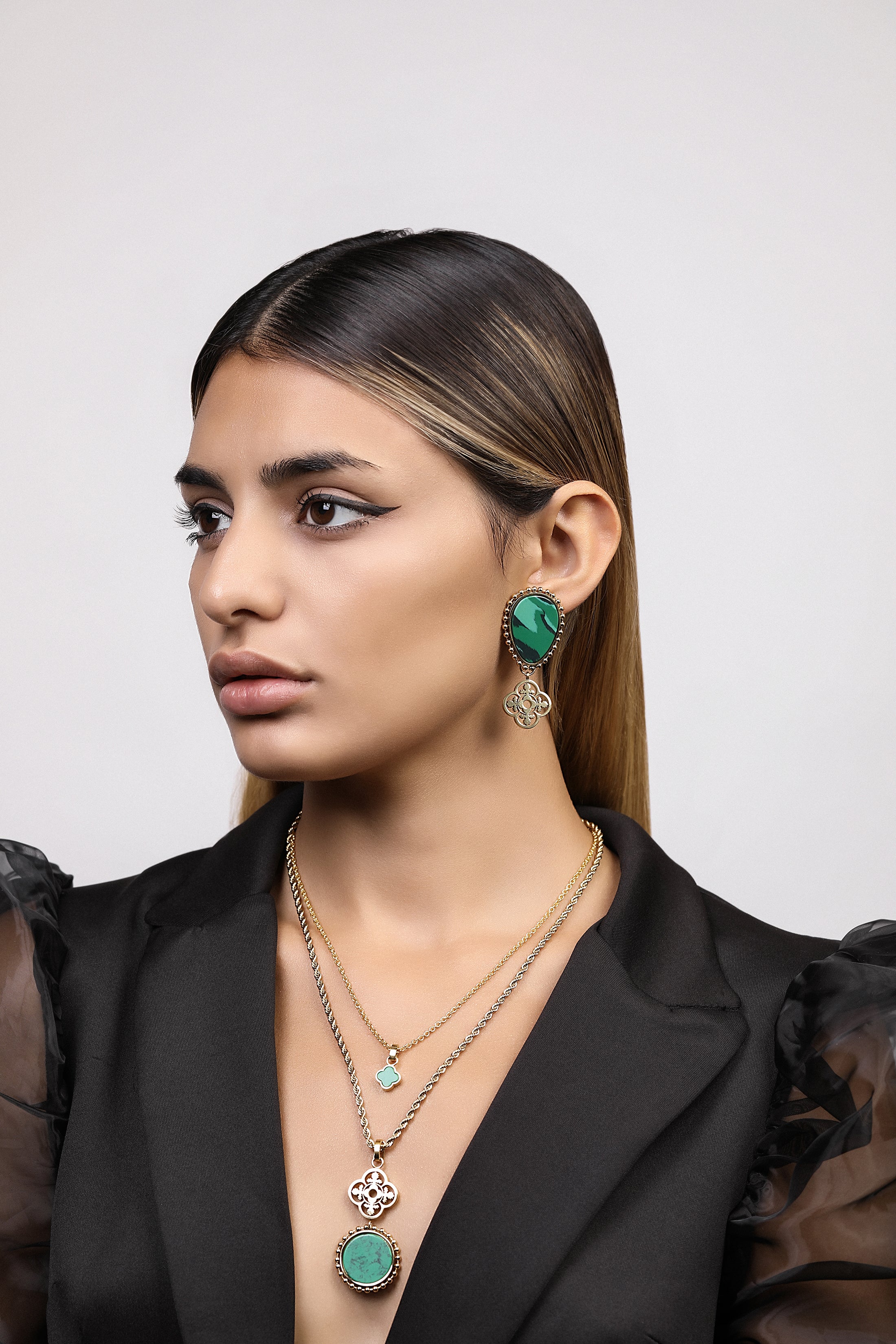 Plaza Green Stone Maltese Tile Pattern Drop Earring Set