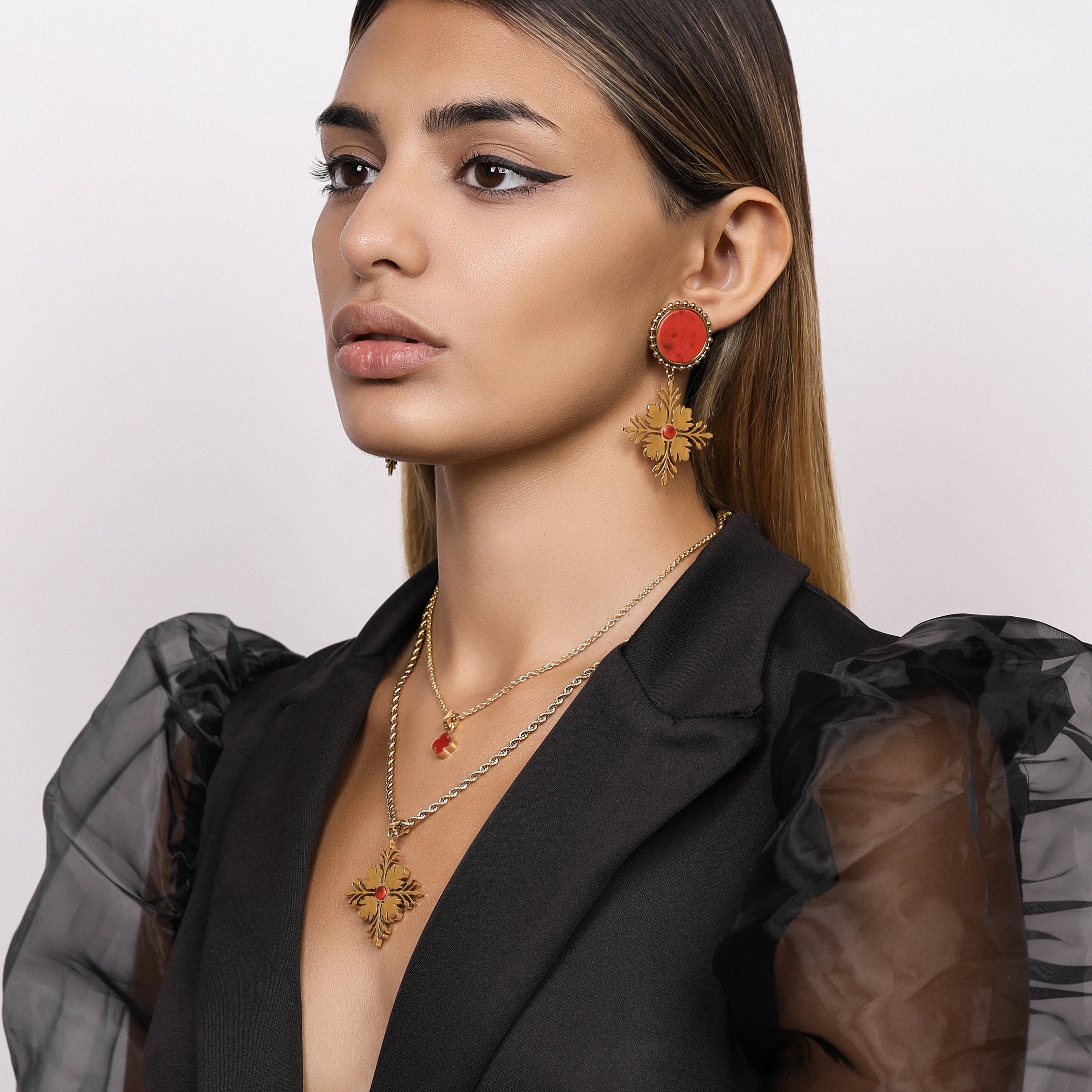 Maltese Tile Pattern Stud Earrings with Flame Stone