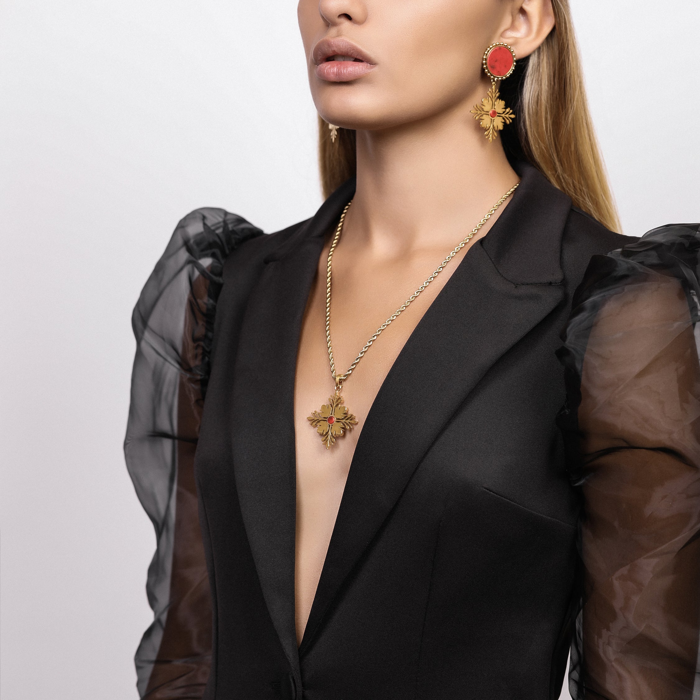 Maltese Tile Pattern Stud Earrings with Flame Stone