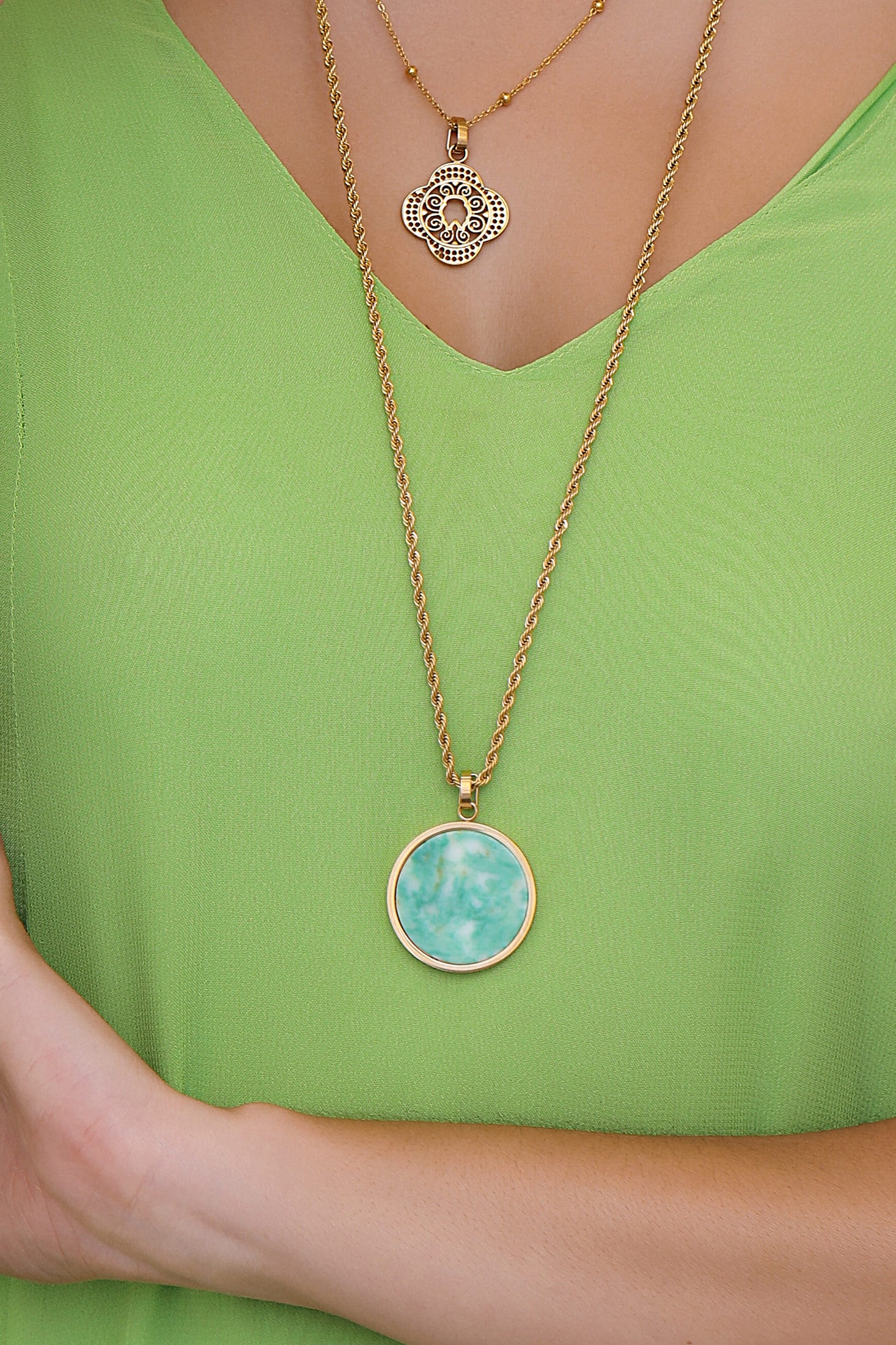 Green Marble Stone Pitted Edge Large Circle Pendant