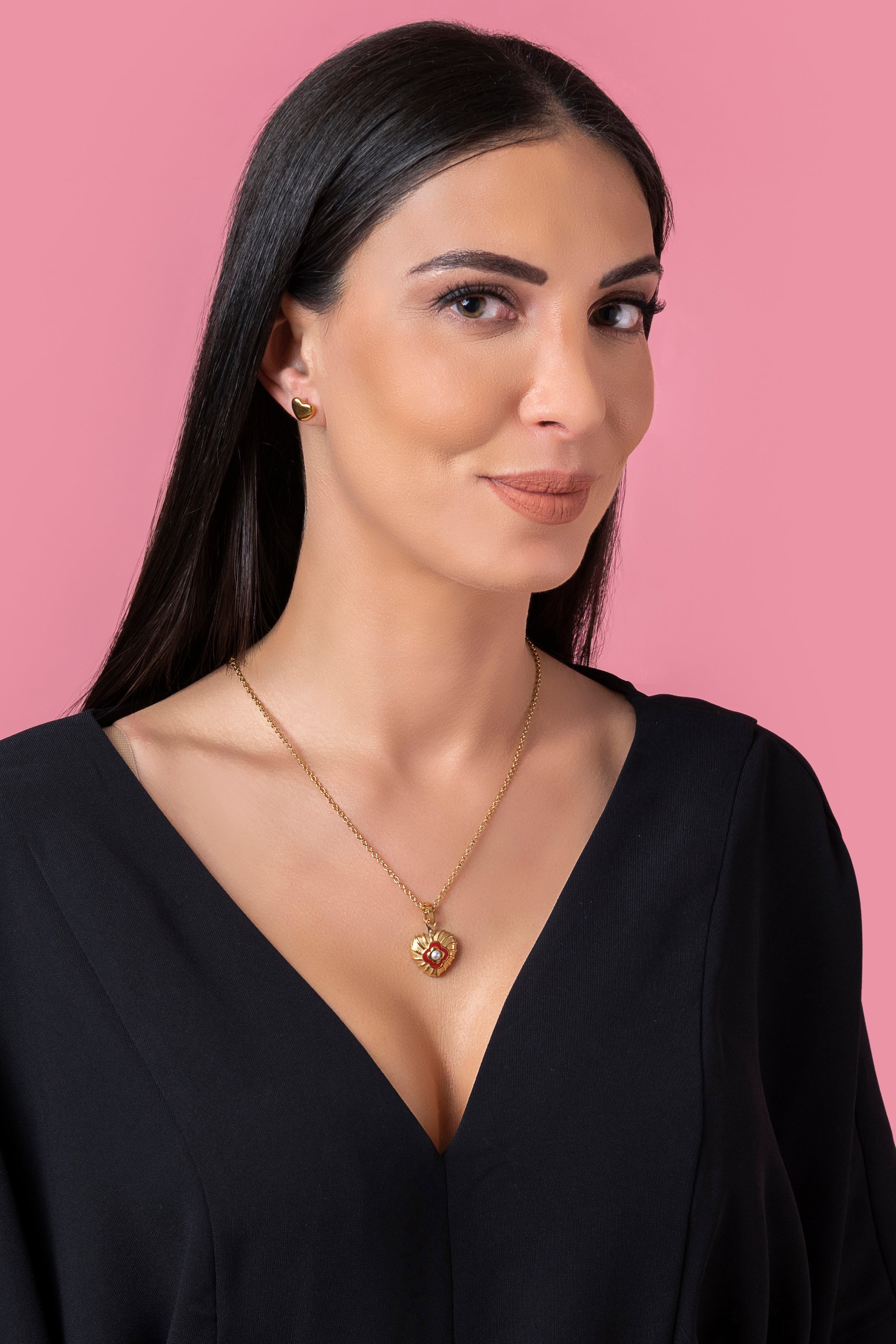 Red Heart Enamel Engravable Pendant & Heart of Gold Studs Gift Set