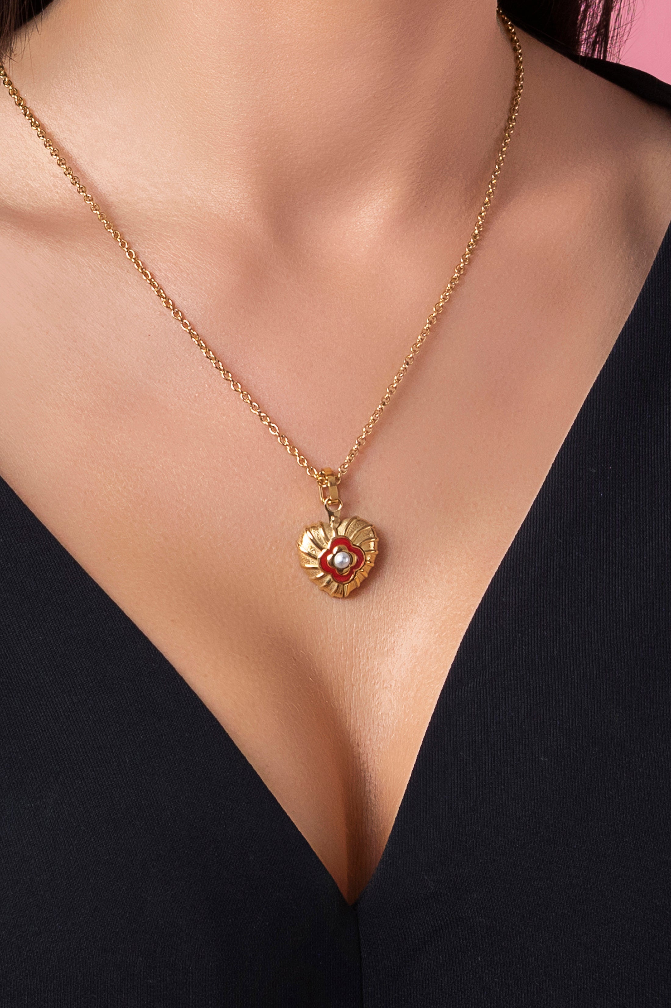 Red Heart Enamel Engravable Pendant & Heart of Gold Studs Gift Set