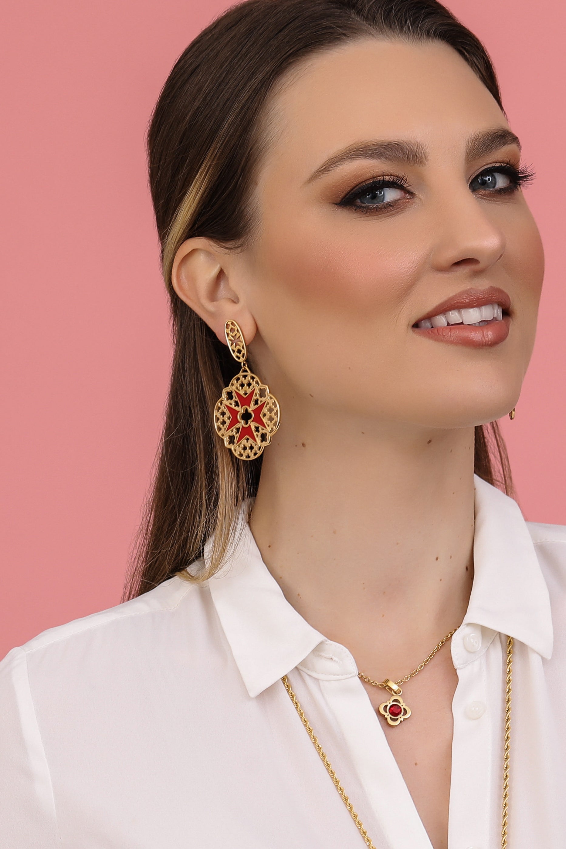 Bizzilla Red Maltese Cross Earring Set