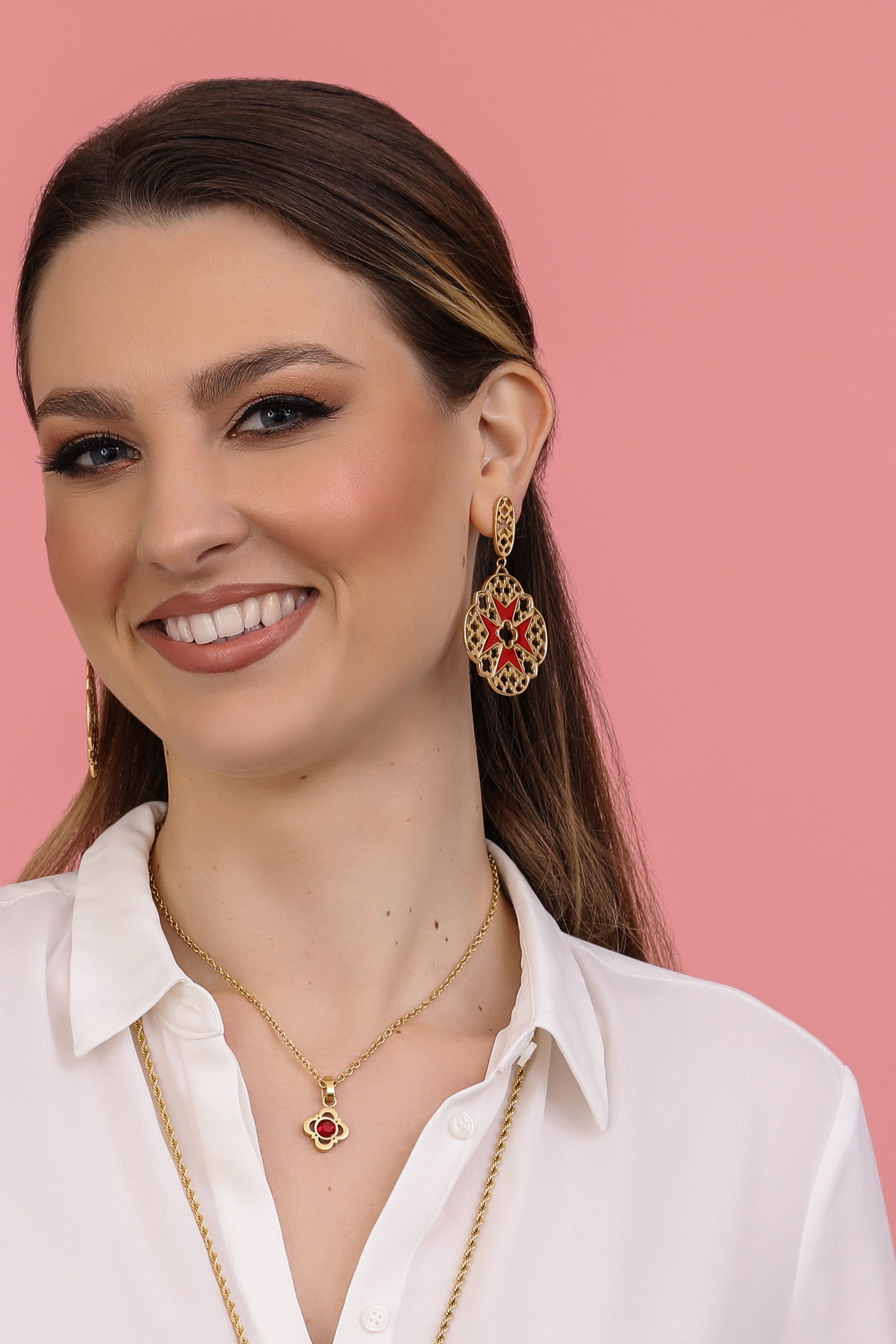 Bizzilla Red Maltese Cross Earring Set