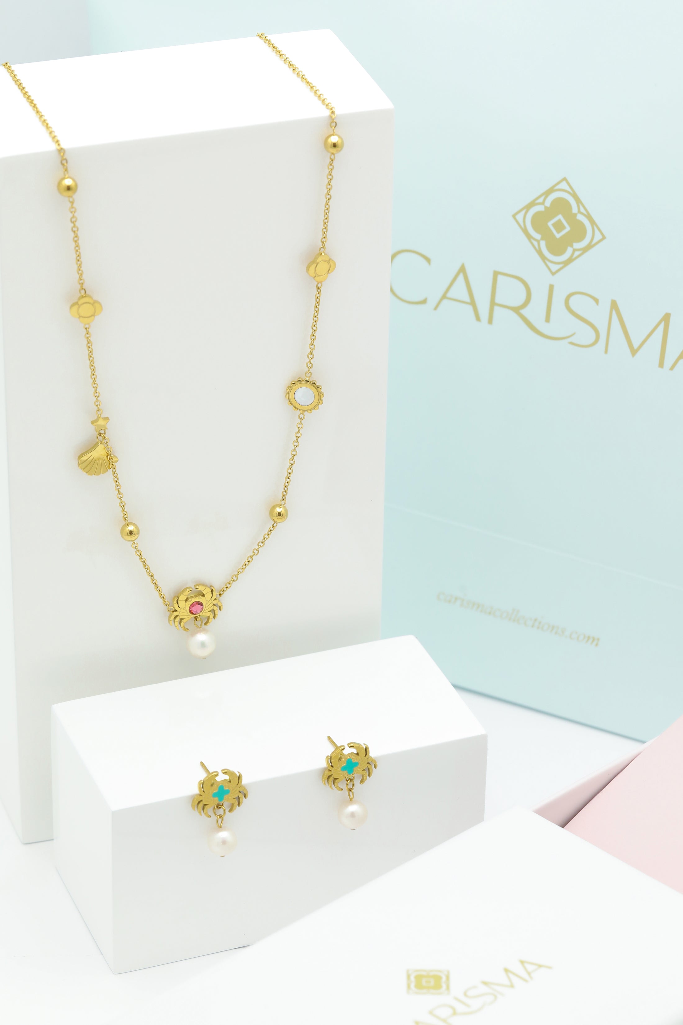 Qabru FreshWater Pearl Drop Stud Earrings & Qabru Multi Charm Necklace Gift Set