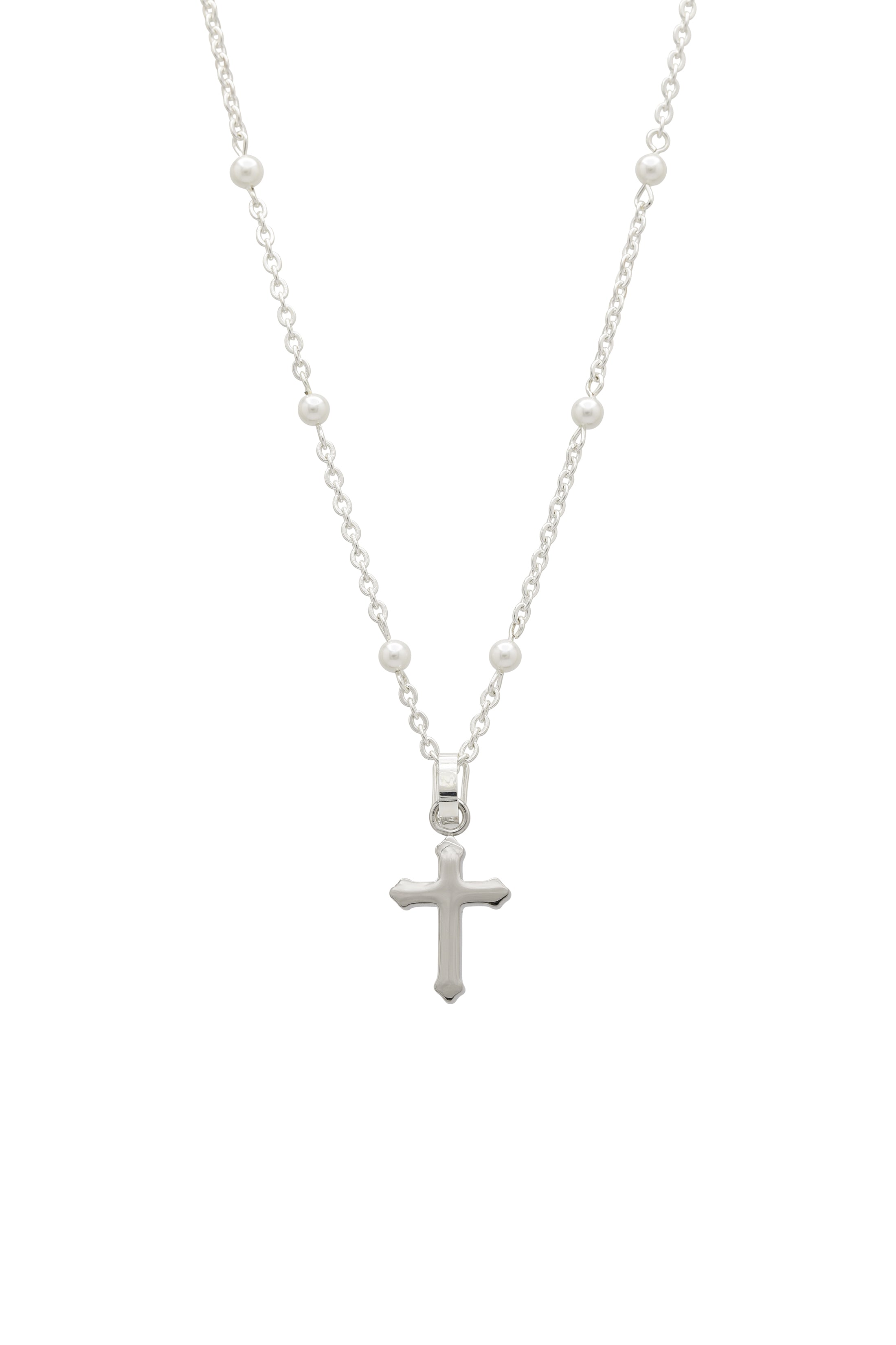 Silver Cross Pendant & Pearl Ball Chain Necklace
