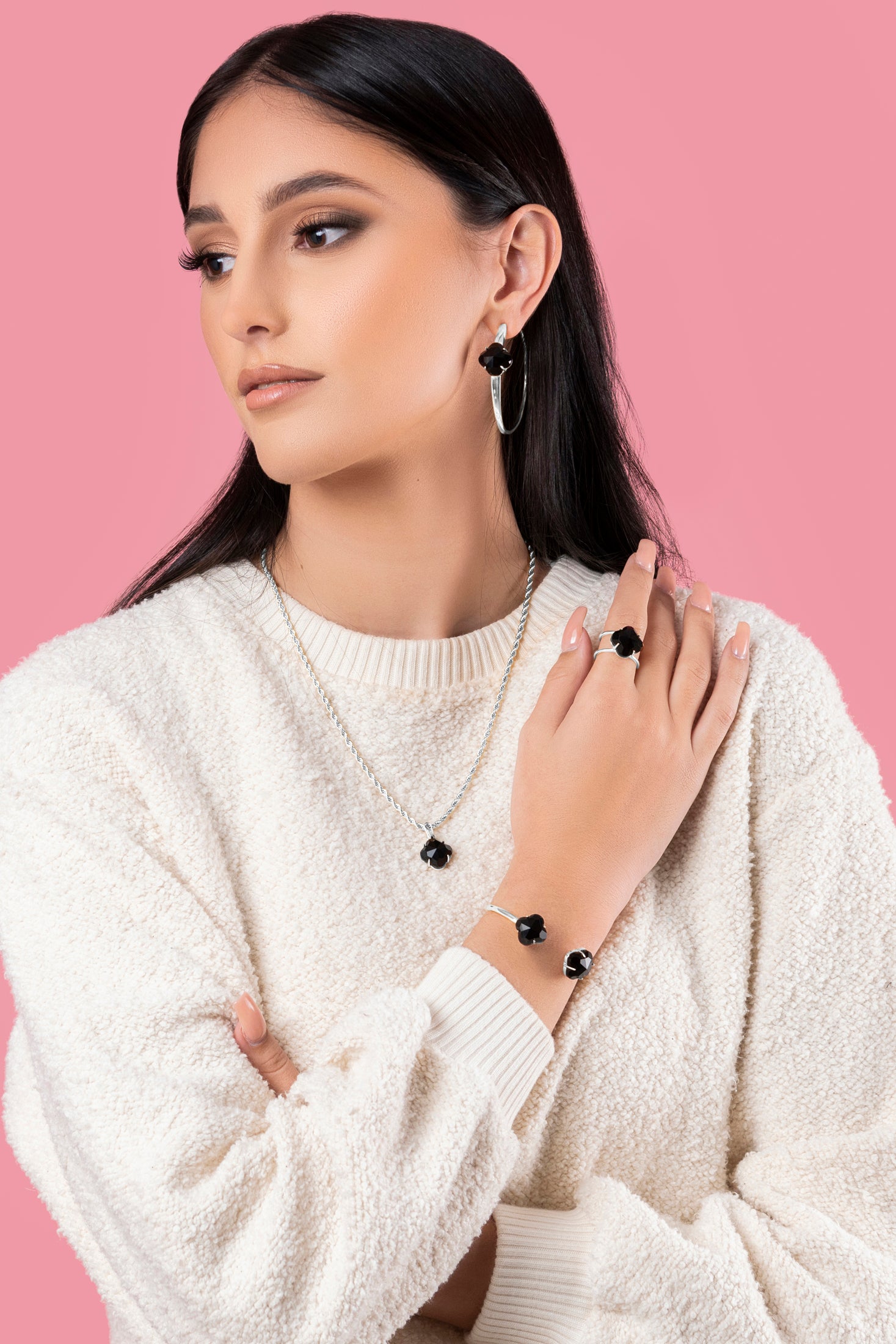 Stone Station Oversized Hoop Earring Set Silver Coloured