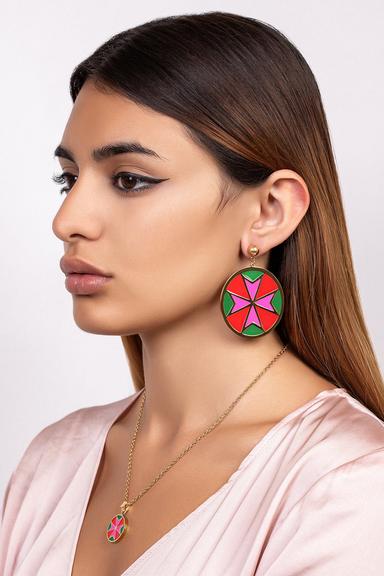 Fuchsia & Green Maltese Cross Earring Set