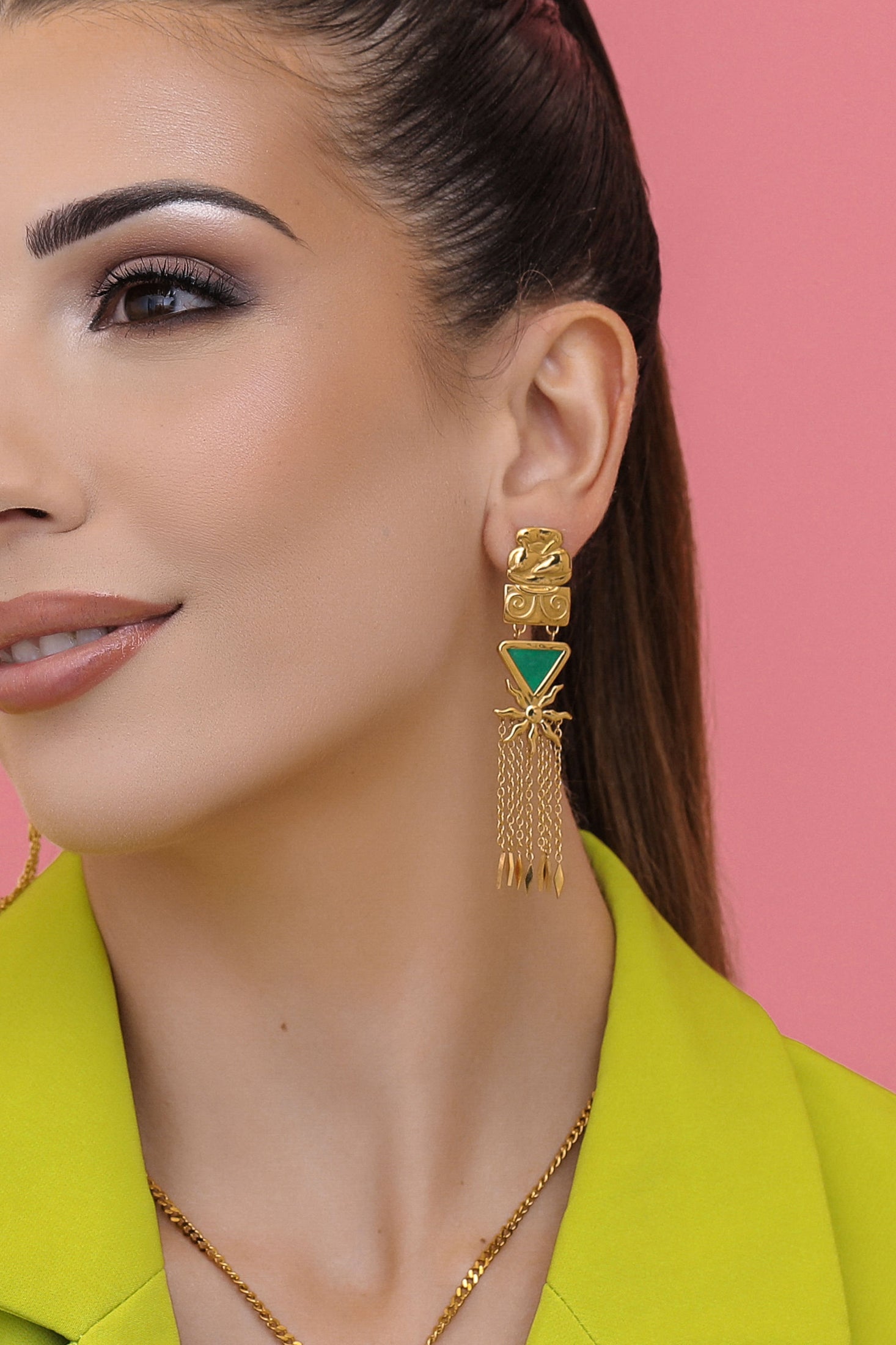 Green Enamel Neolithic Tassel Drop Earrings