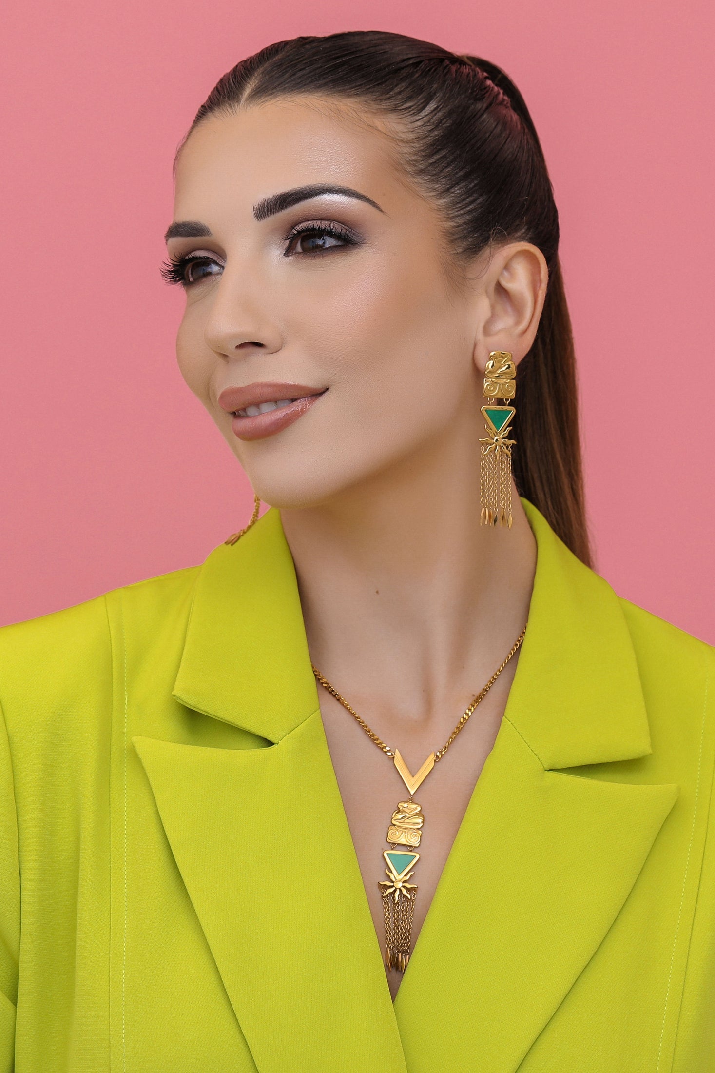 Neolithic Statement Green Enamel Necklace & Earrings Gift Set