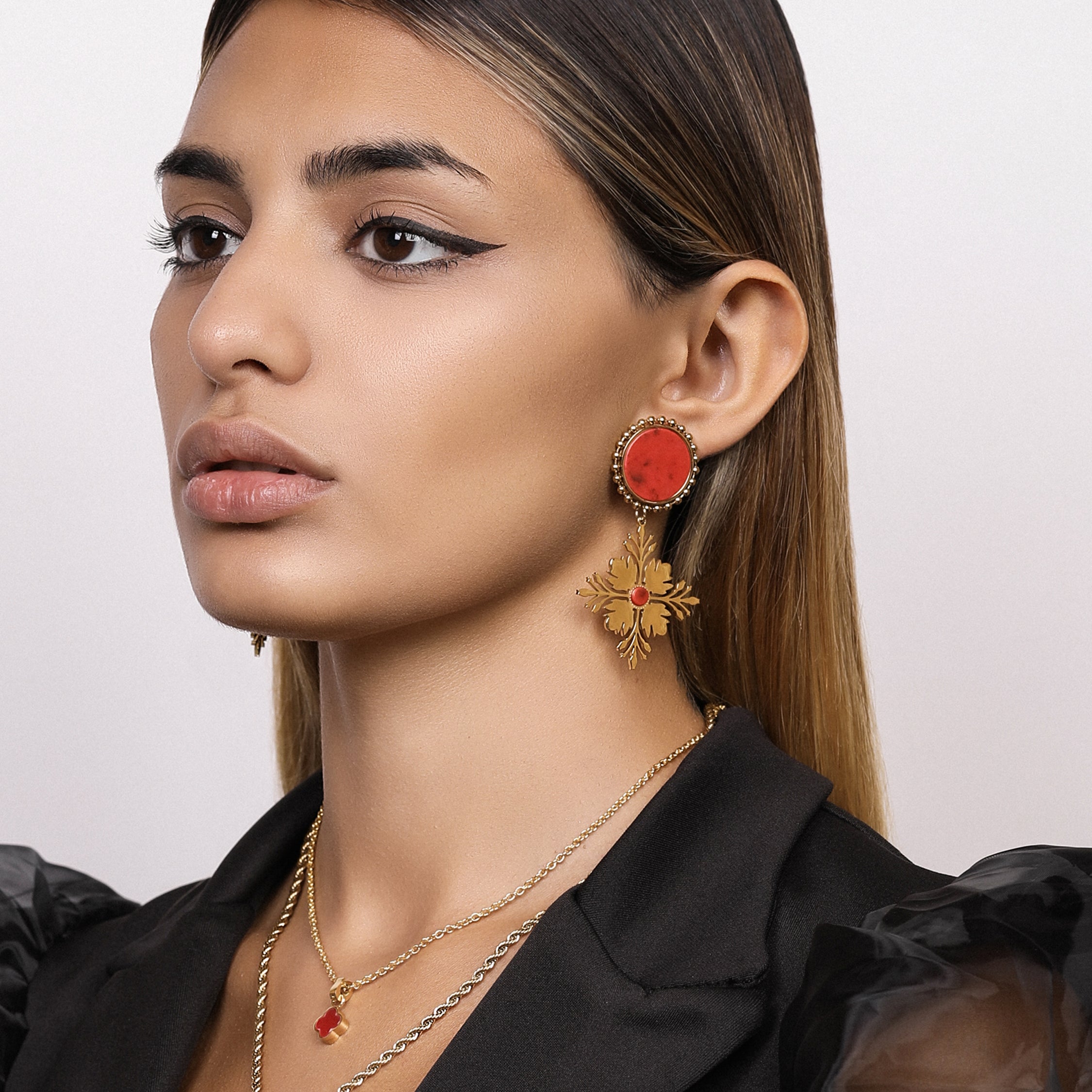 Maltese Tile Pattern Stud Earrings with Flame Stone