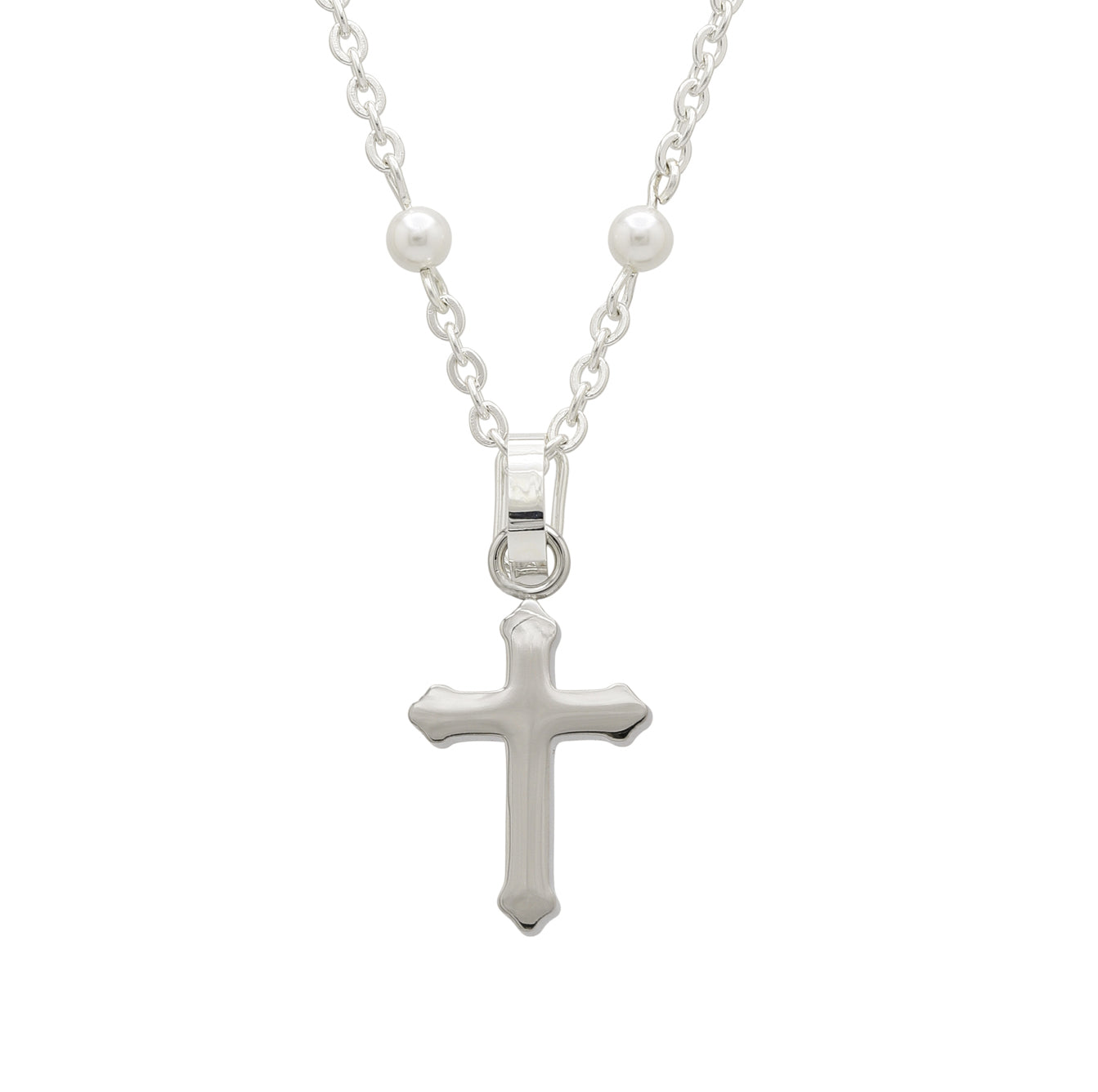 Silver Cross Pendant & Pearl Ball Chain Necklace