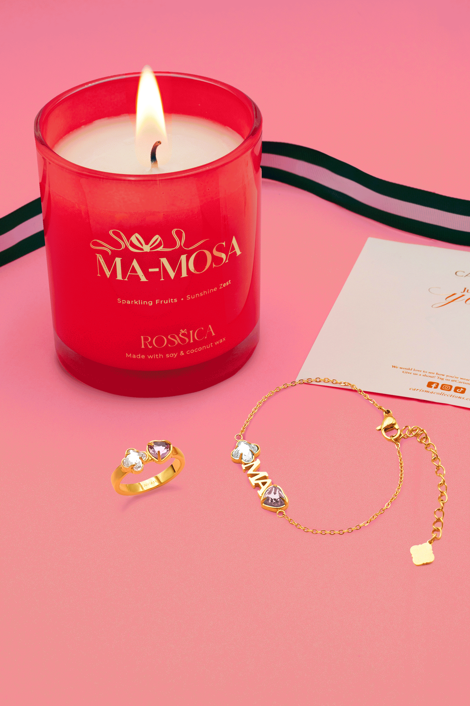 Made for "Ma" or "Nanna" Birthstone Bracelet, Ring &amp; Rossica Candle Gift Set