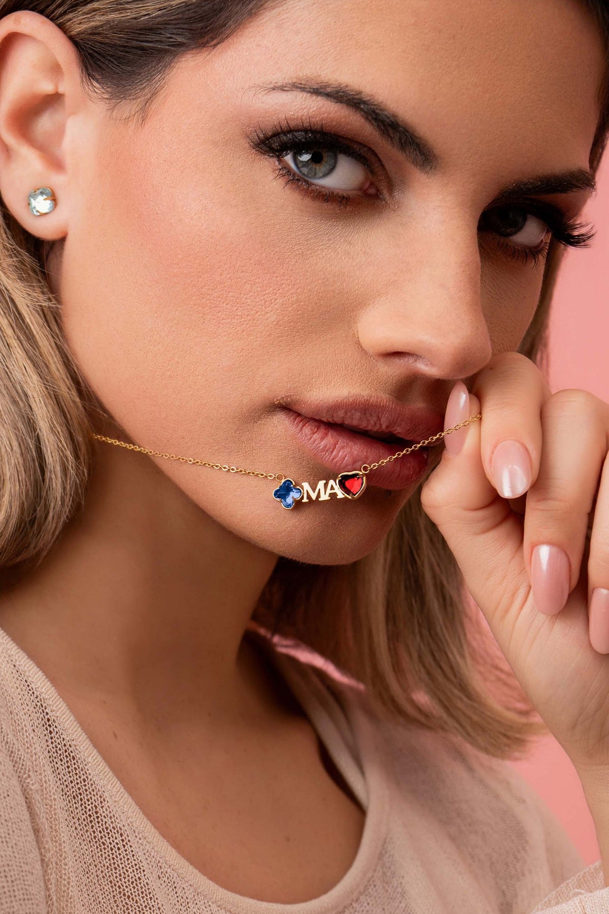 Model wearing Made for "Ma" Birthstone Necklace