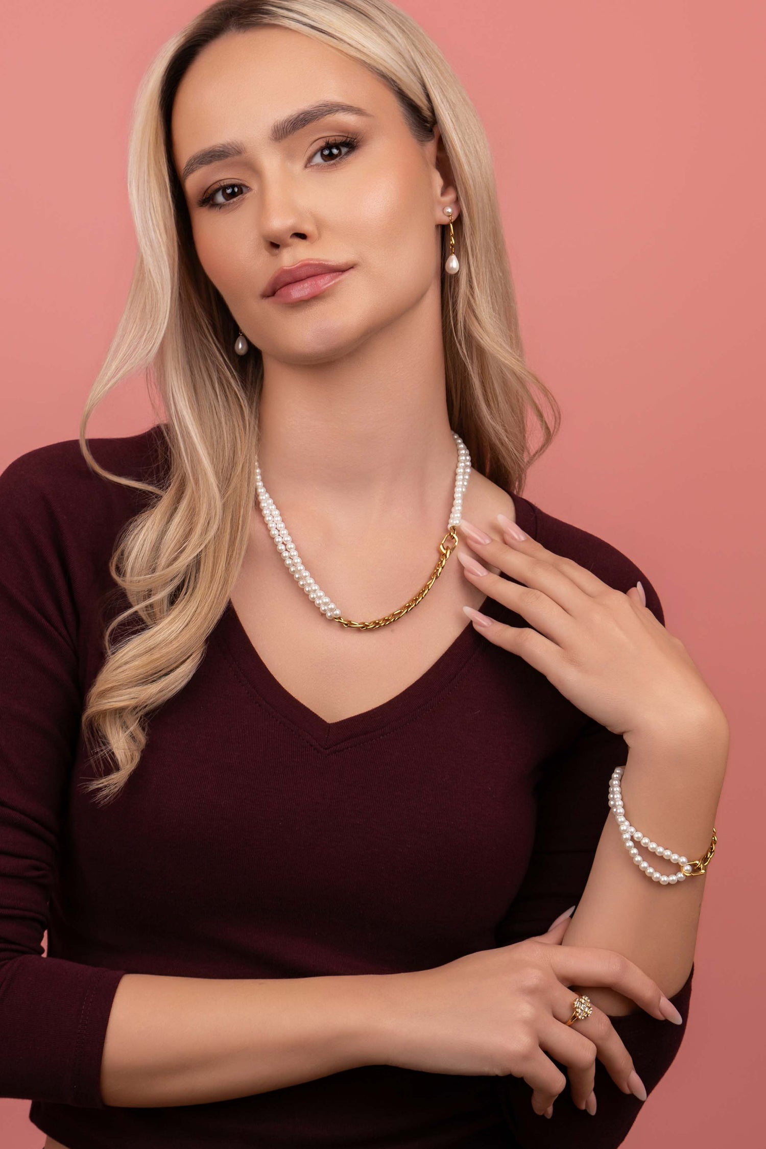 Linked in Pearls Drop Stud Earring Set