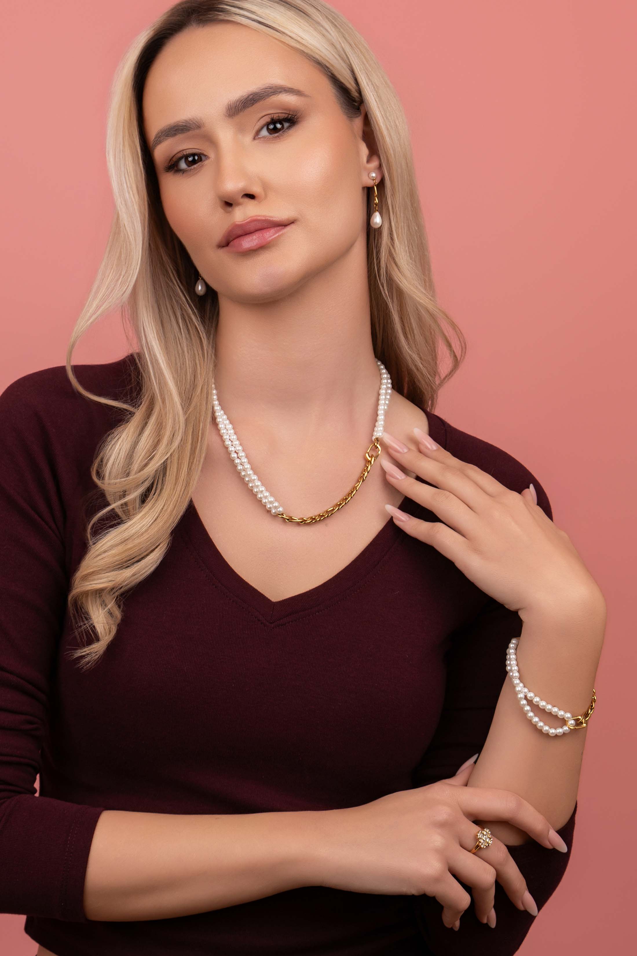 Linked in Pearls Drop Stud Earring Set