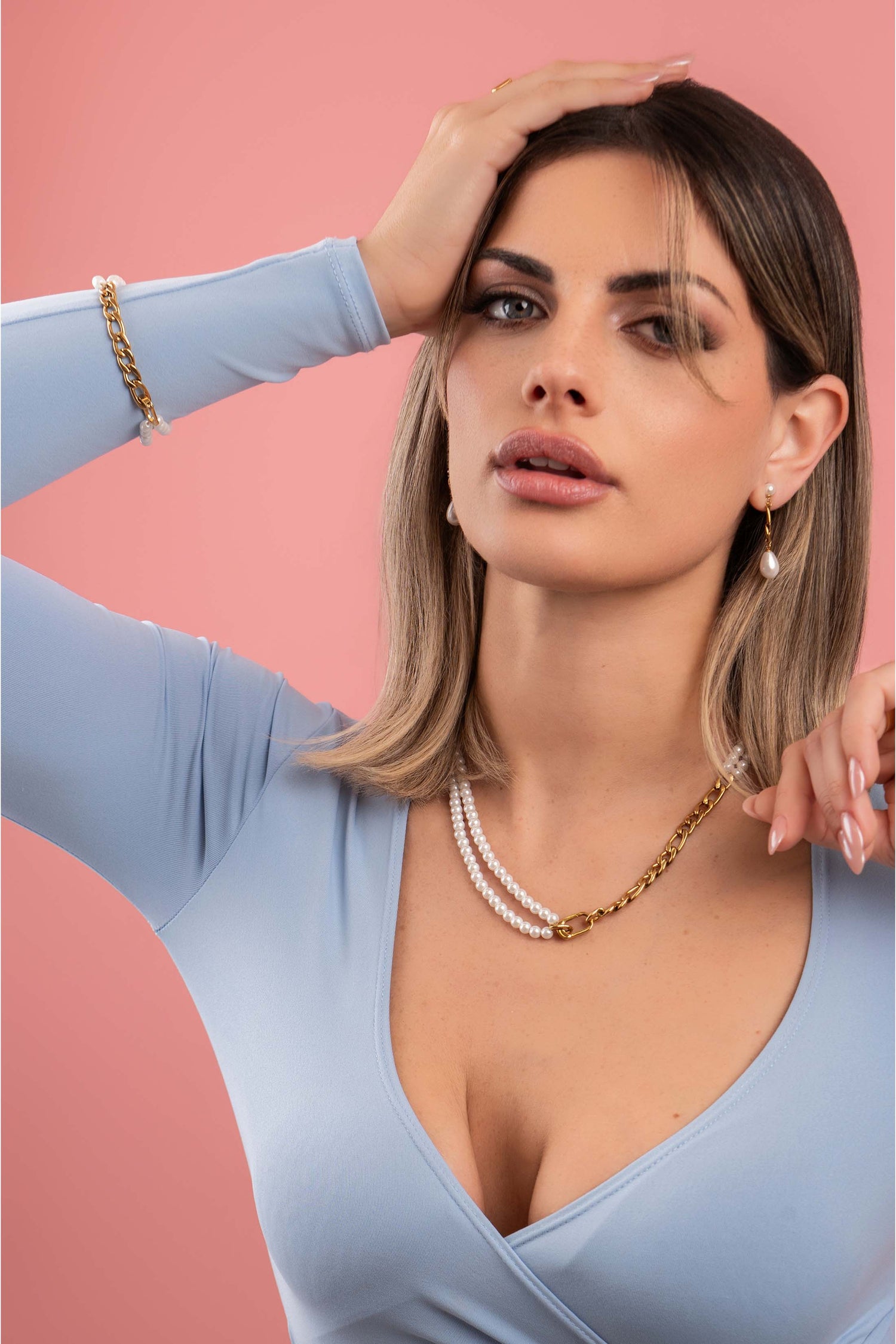 Linked in Pearls Drop Stud Earring Set