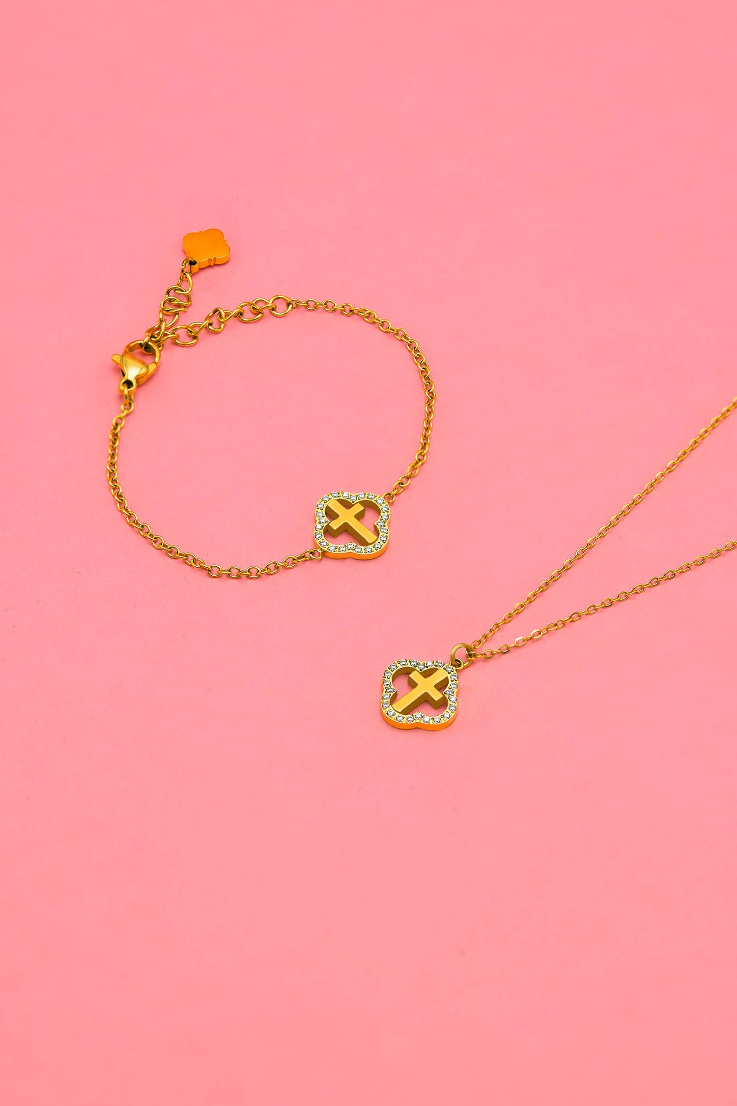 Halo Cross Gold Necklace &amp; Bracelet Gift Set