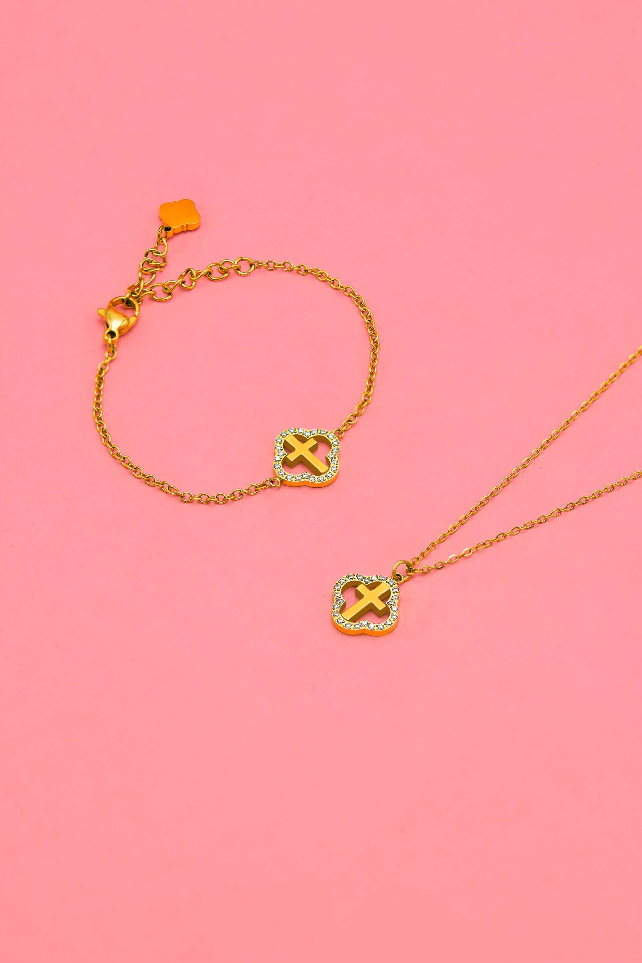 Halo Cross Gold Necklace &amp; Bracelet Gift Set