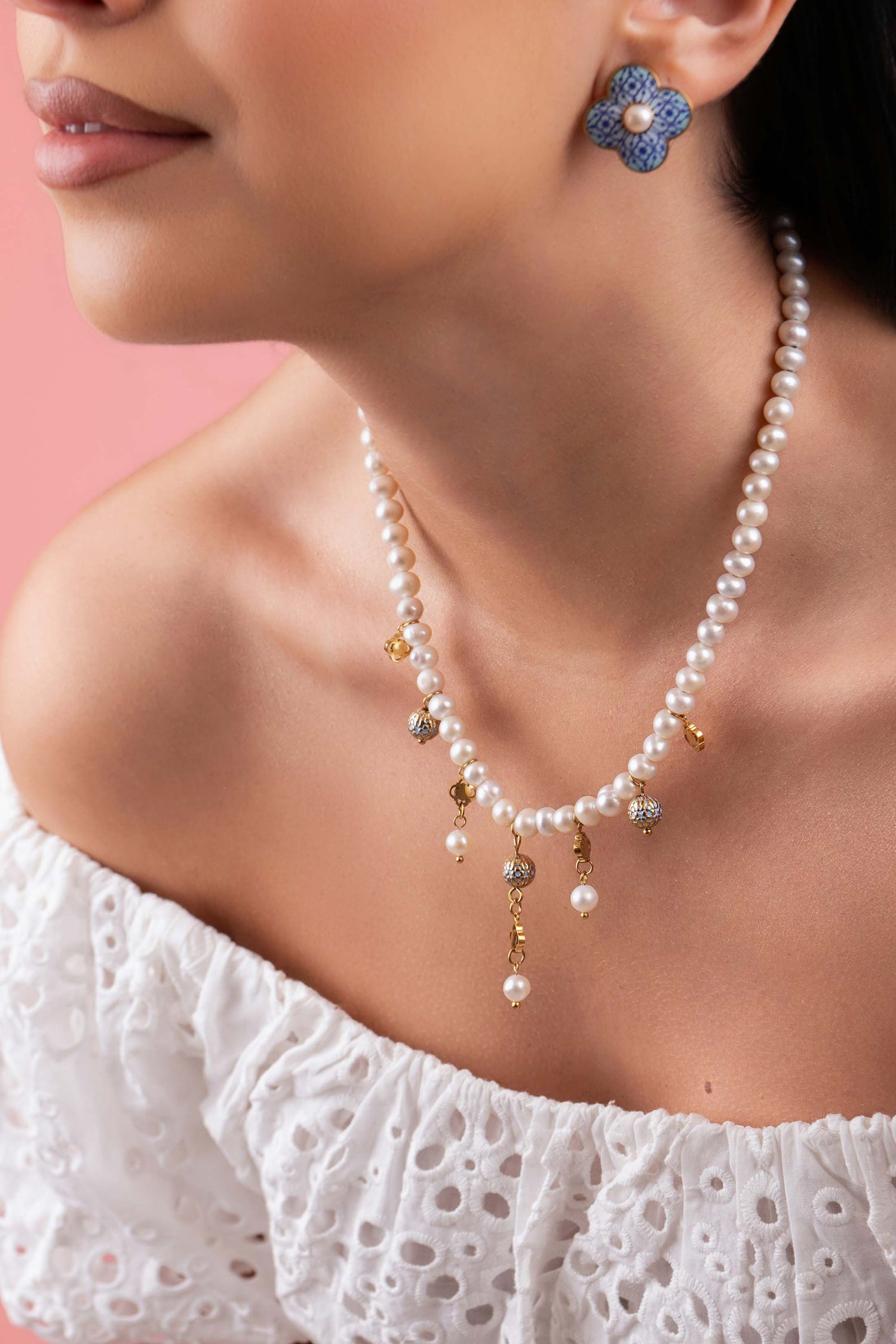 Atlas Blue Pearl Charm Necklace