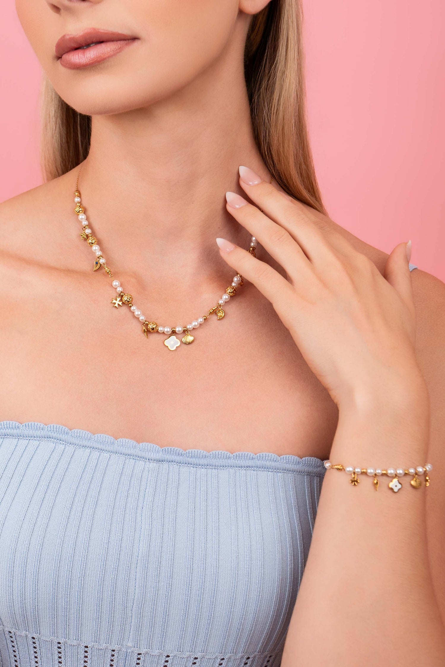 Maltese Summer Pearl Charm Necklace &amp; Bracelet Gift Set