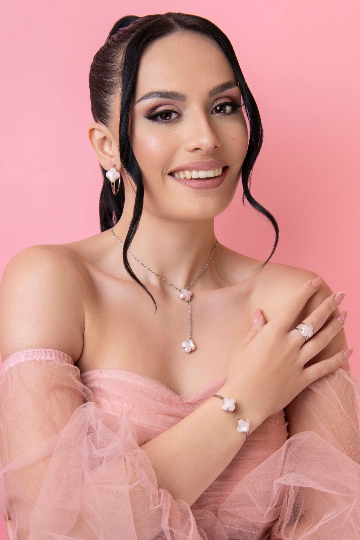 Model wearing Stone Station Ring Silver Coloured, Stone Station Bangle Silver Coloured