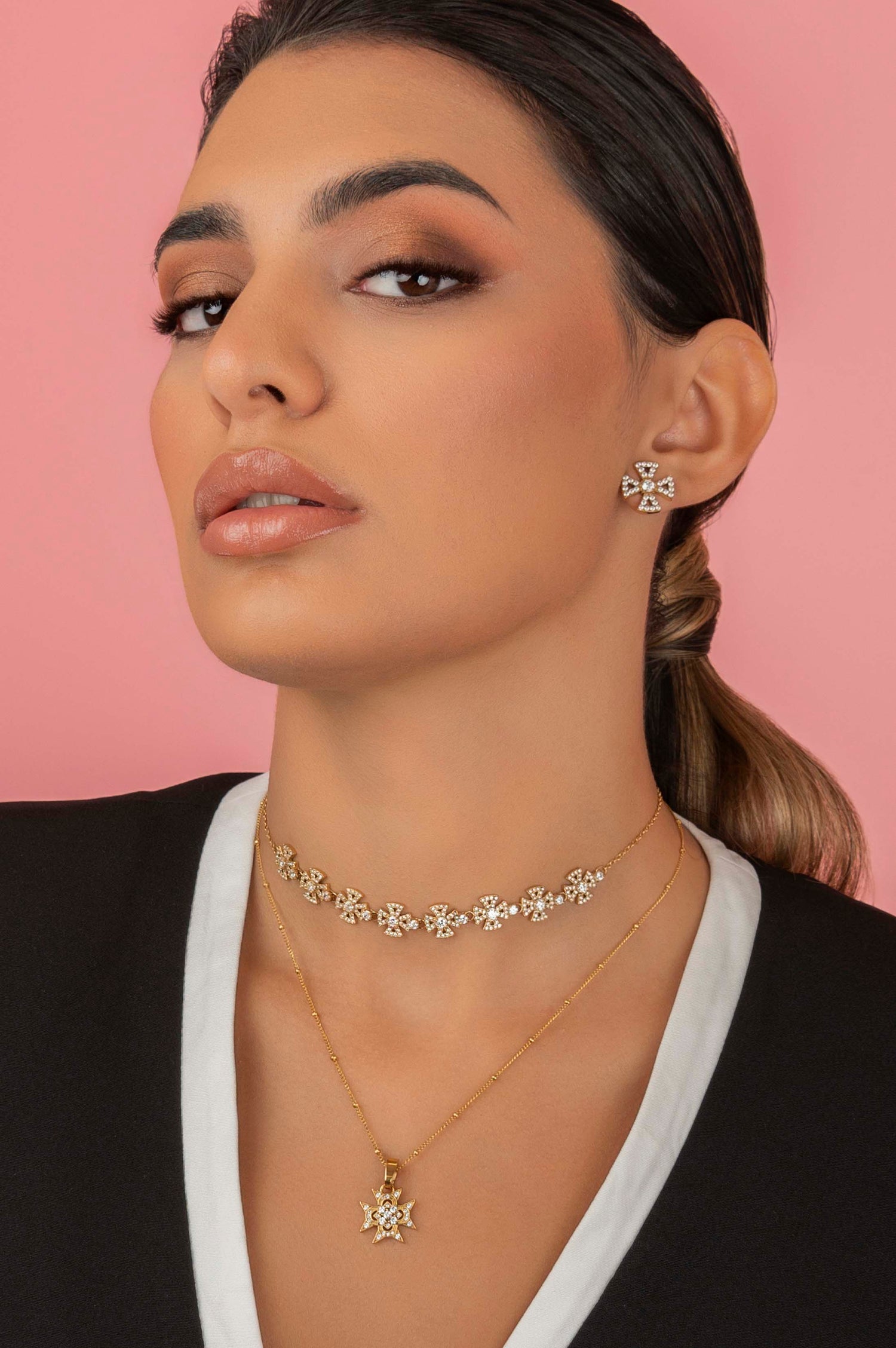 Crystal Maltese Cross Choker &amp; Stud Earring Set Gift Set