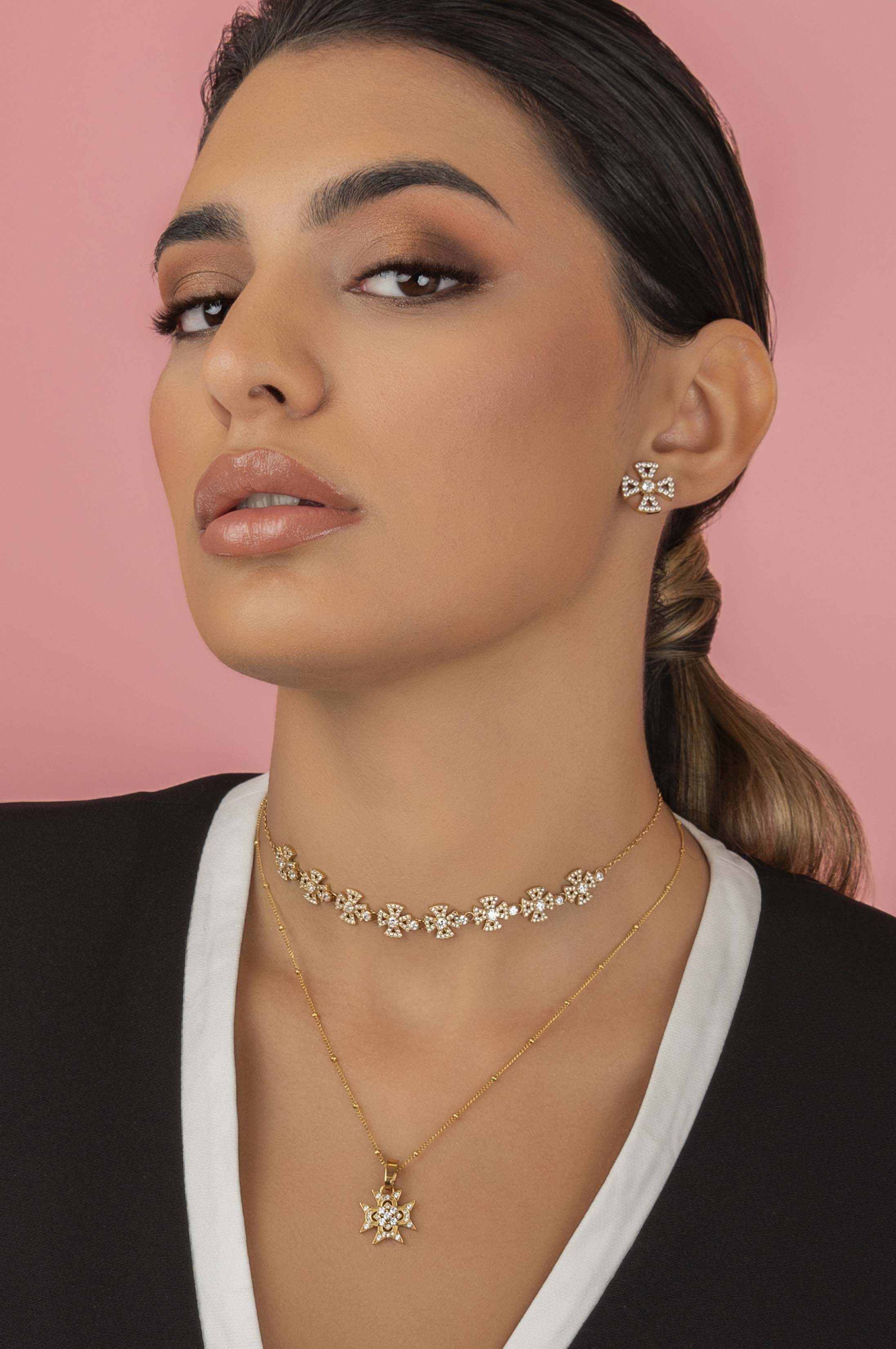 Crystal Maltese Cross Pendant &amp; Stud Earring Set Gift Set
