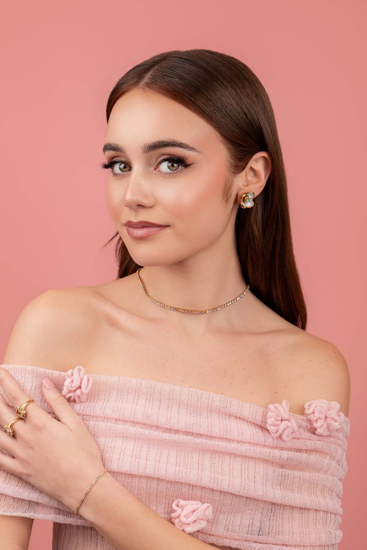Model wearing Golden Bloom Tennis Bracelet, Golden Bloom Tennis Necklace