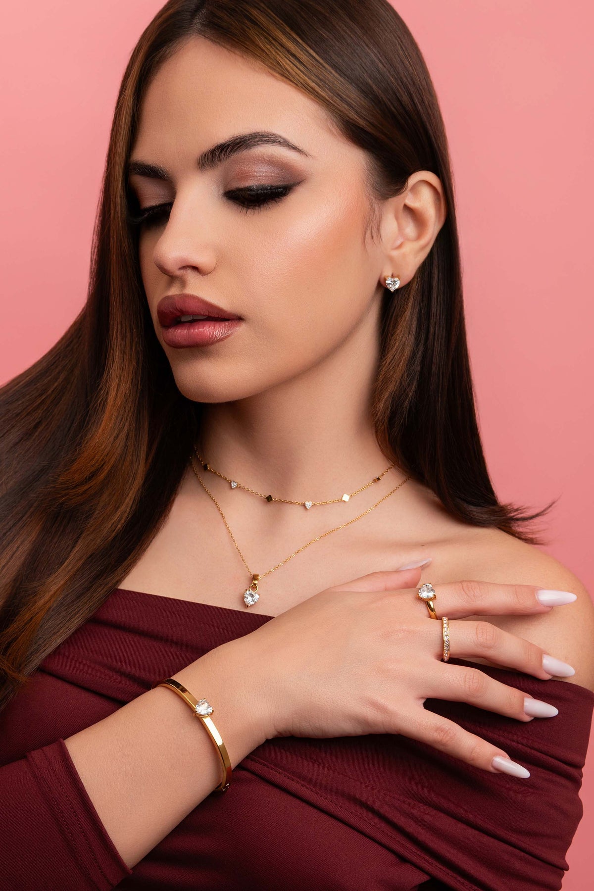 Model wearing Qalbi Crystal Stud Earring Set