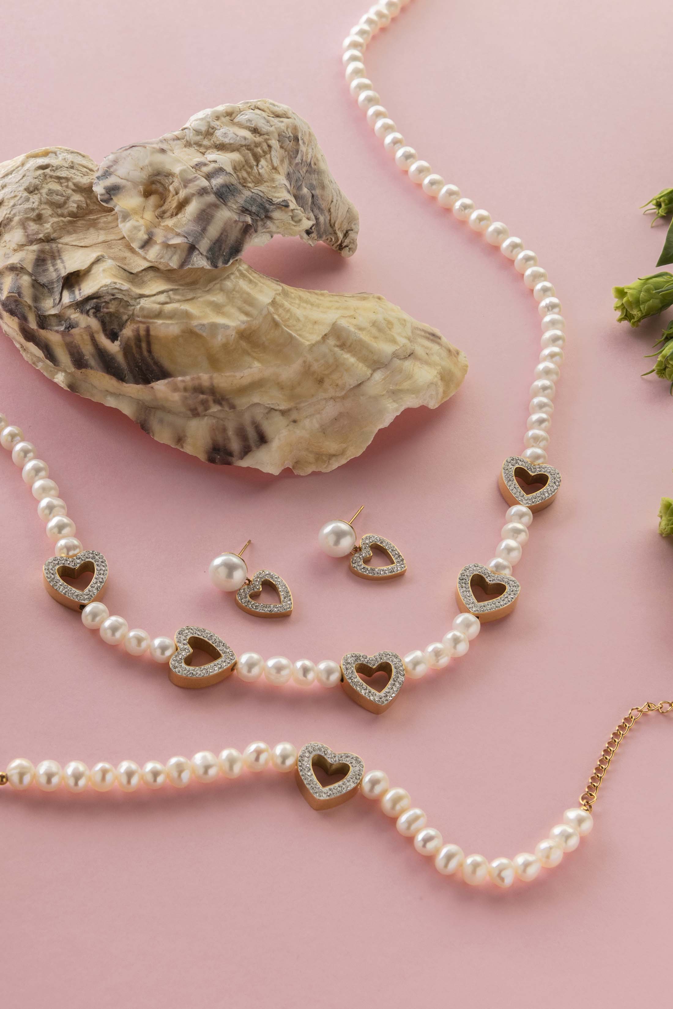 Freshwater Pearl Heart Pavé Drop Stud Earring Set