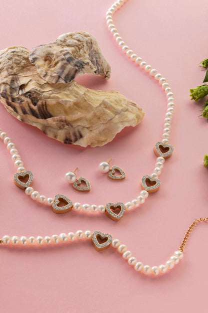 Freshwater Pearl Heart Pavé Drop Stud Earring Set