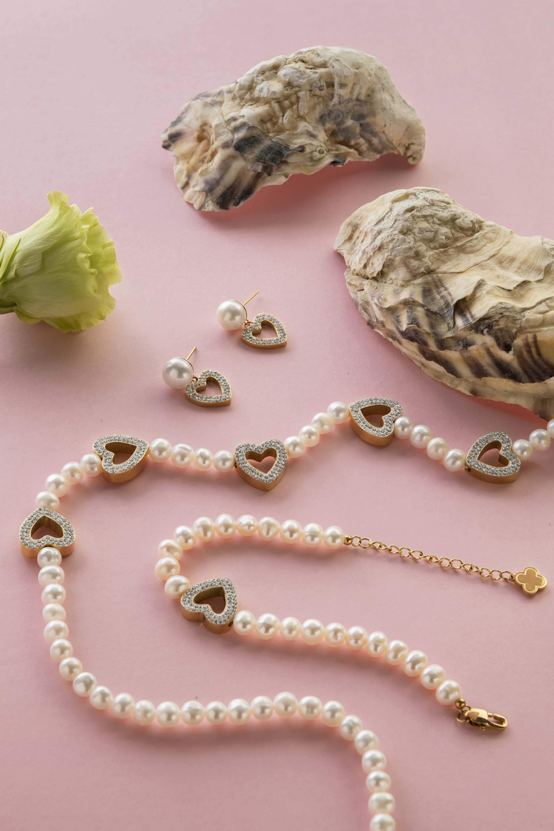 Freshwater Pearl Heart Pavé Drop Stud Earring Set