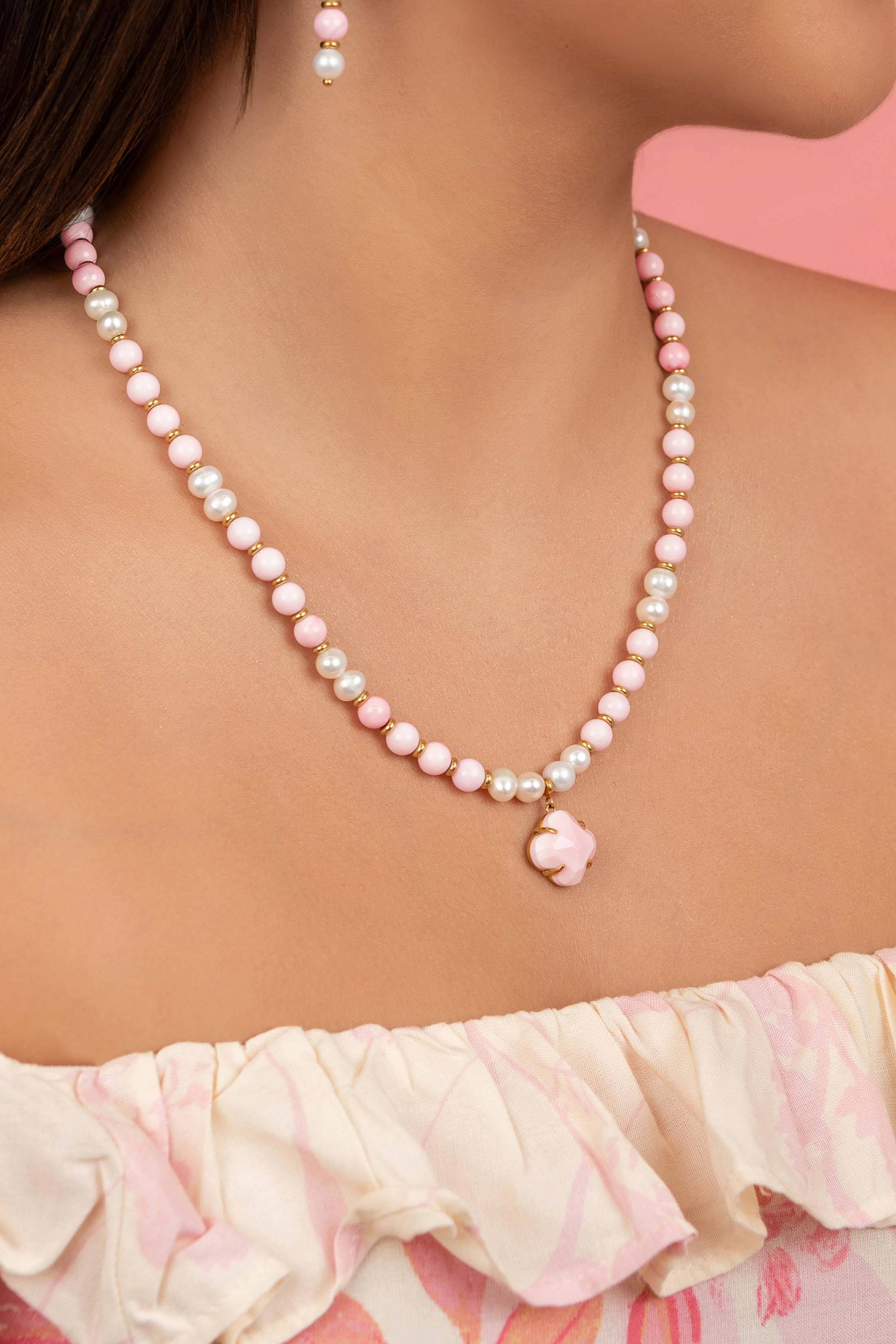 Pink Pearl Duo Earring Set &amp; Necklace Gift Set