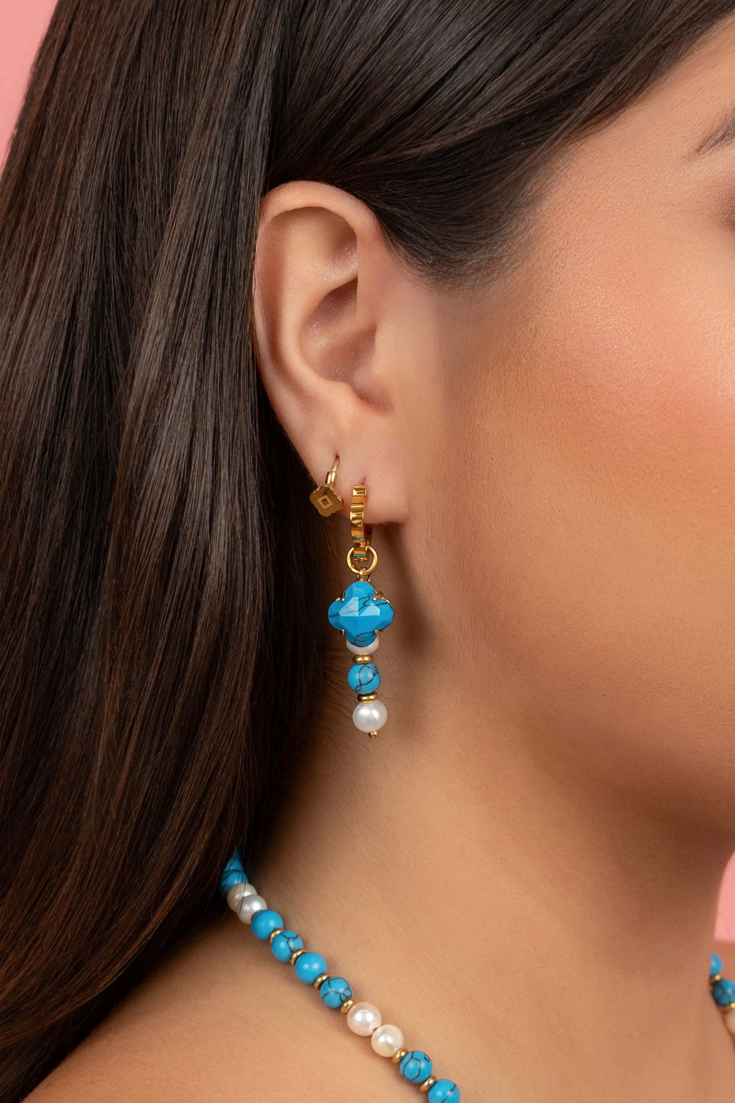 Turquoise Marble Pearl Duo Earring Set &amp; Necklace Gift Set