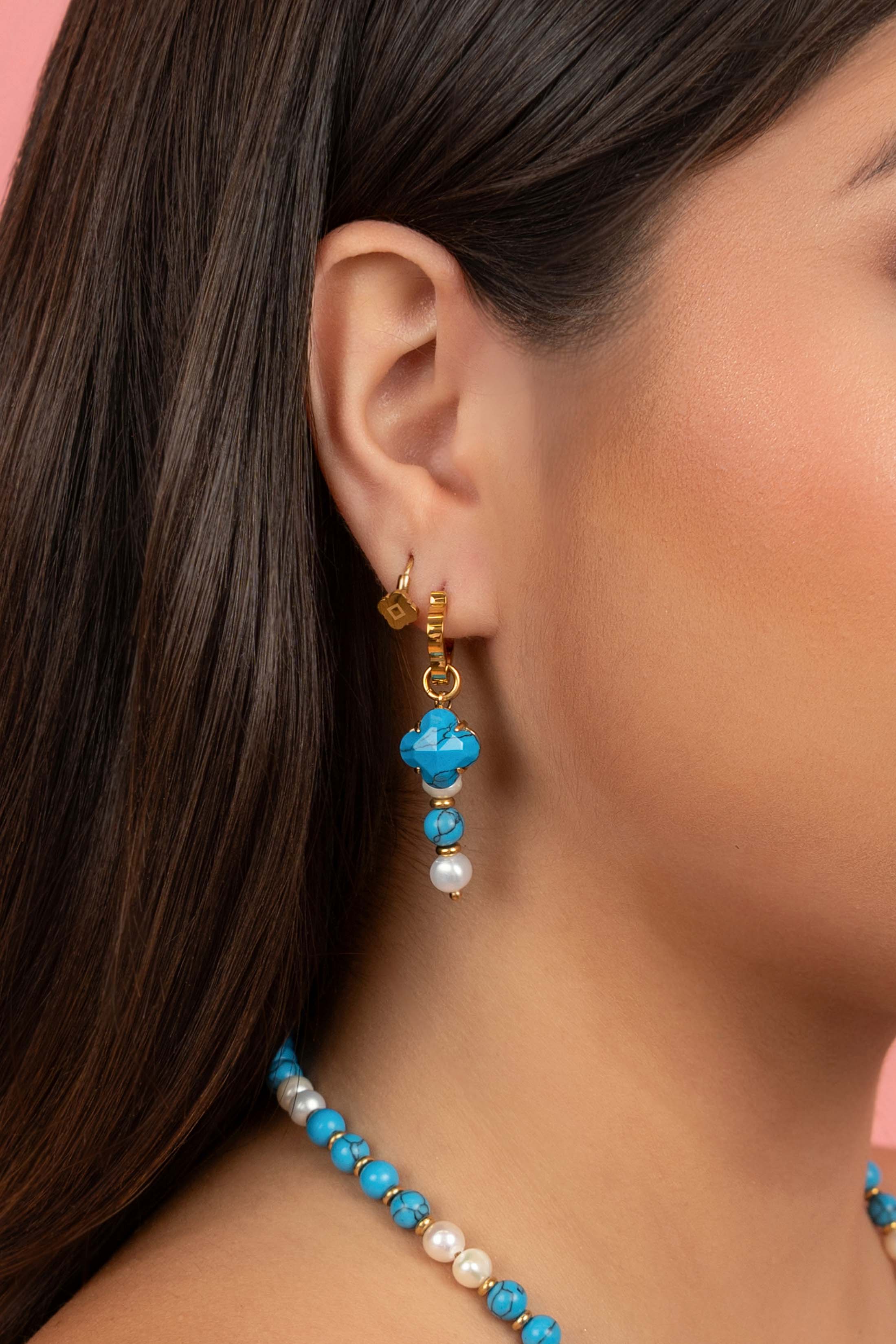 Turquoise Marble Pearl Duo Earring Set &amp; Necklace Gift Set