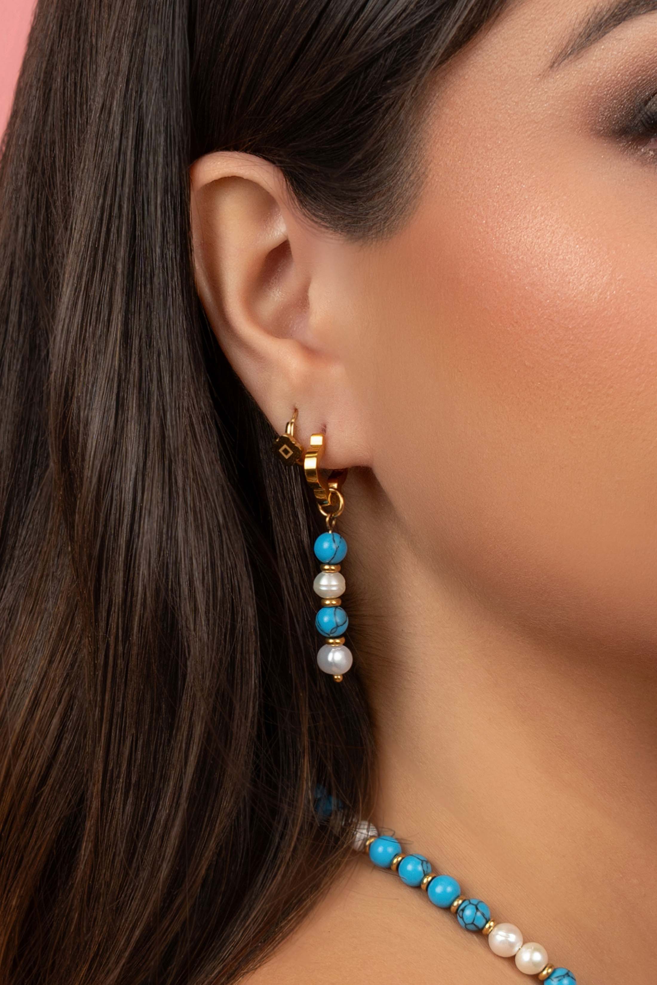 Turquoise Marble Pearl Duo Earring Set