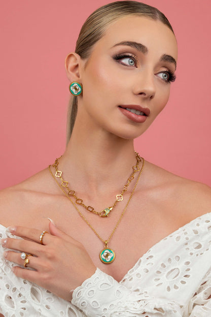 Qabru Turquoise Stud Earrings &amp; Qabru Claw Link Necklace Gift Set