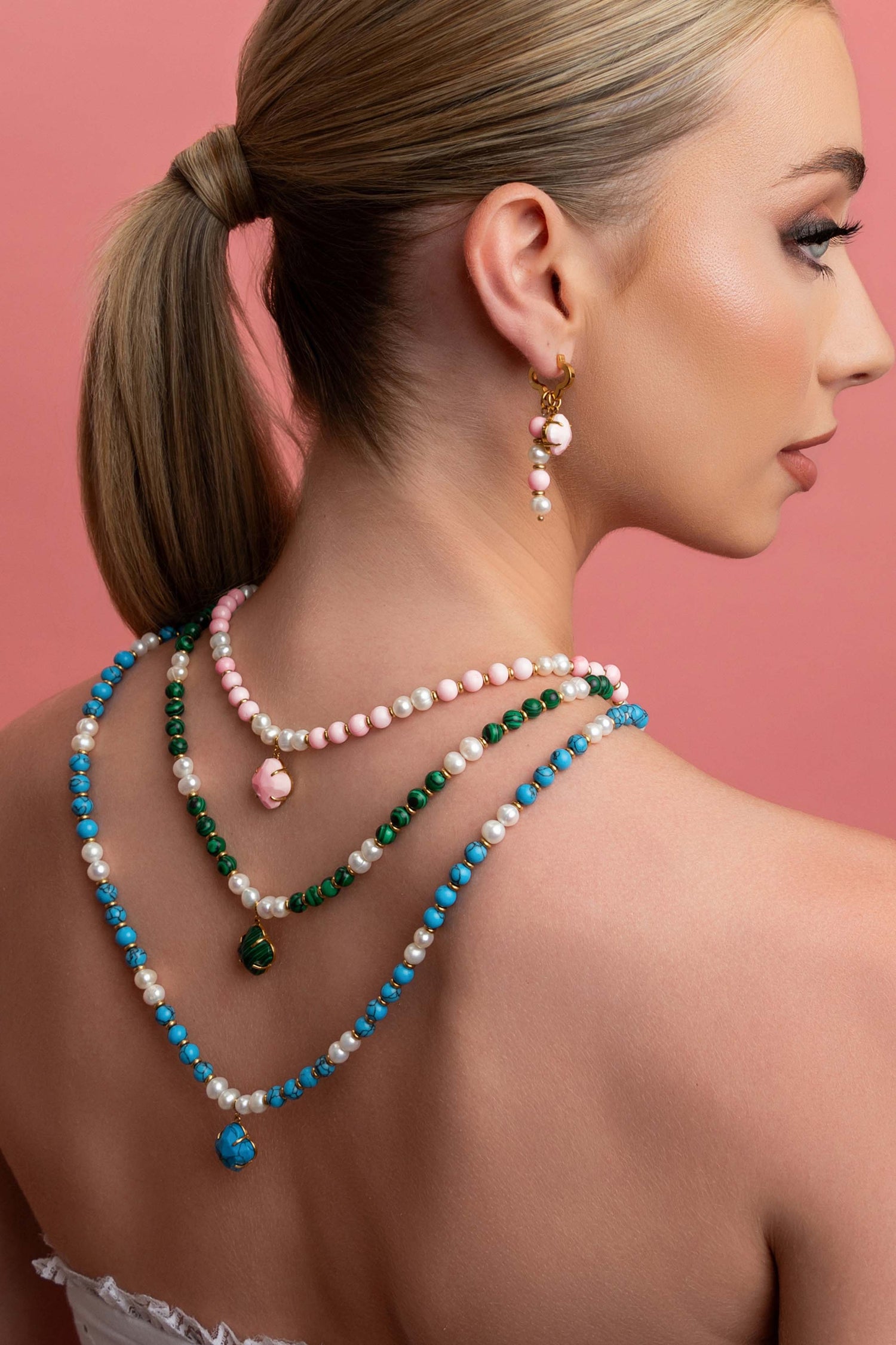 Turquoise Marble Pearl Duo Earring Set &amp; Necklace Gift Set