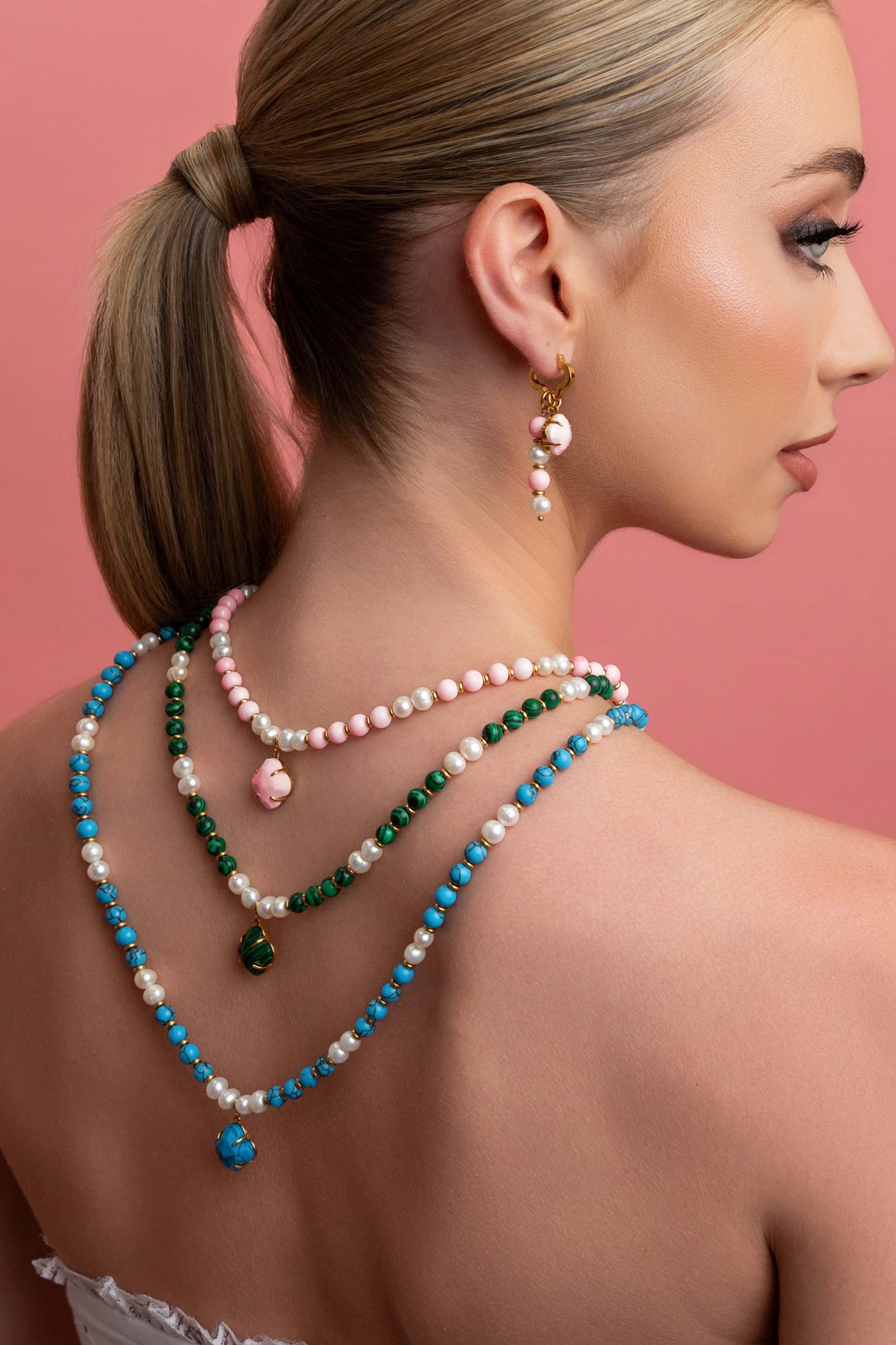 Turquoise Marble Pearl Duo Earring Set &amp; Necklace Gift Set