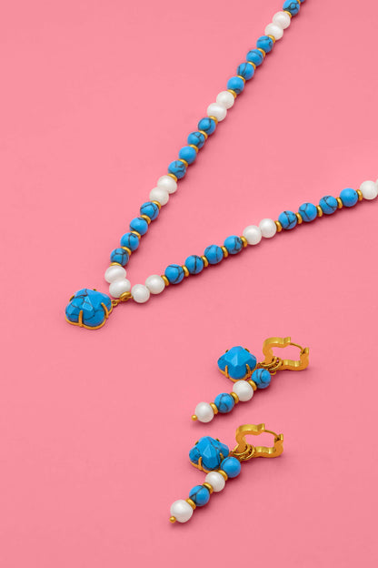 Turquoise Marble Pearl Duo Earring Set &amp; Necklace Gift Set