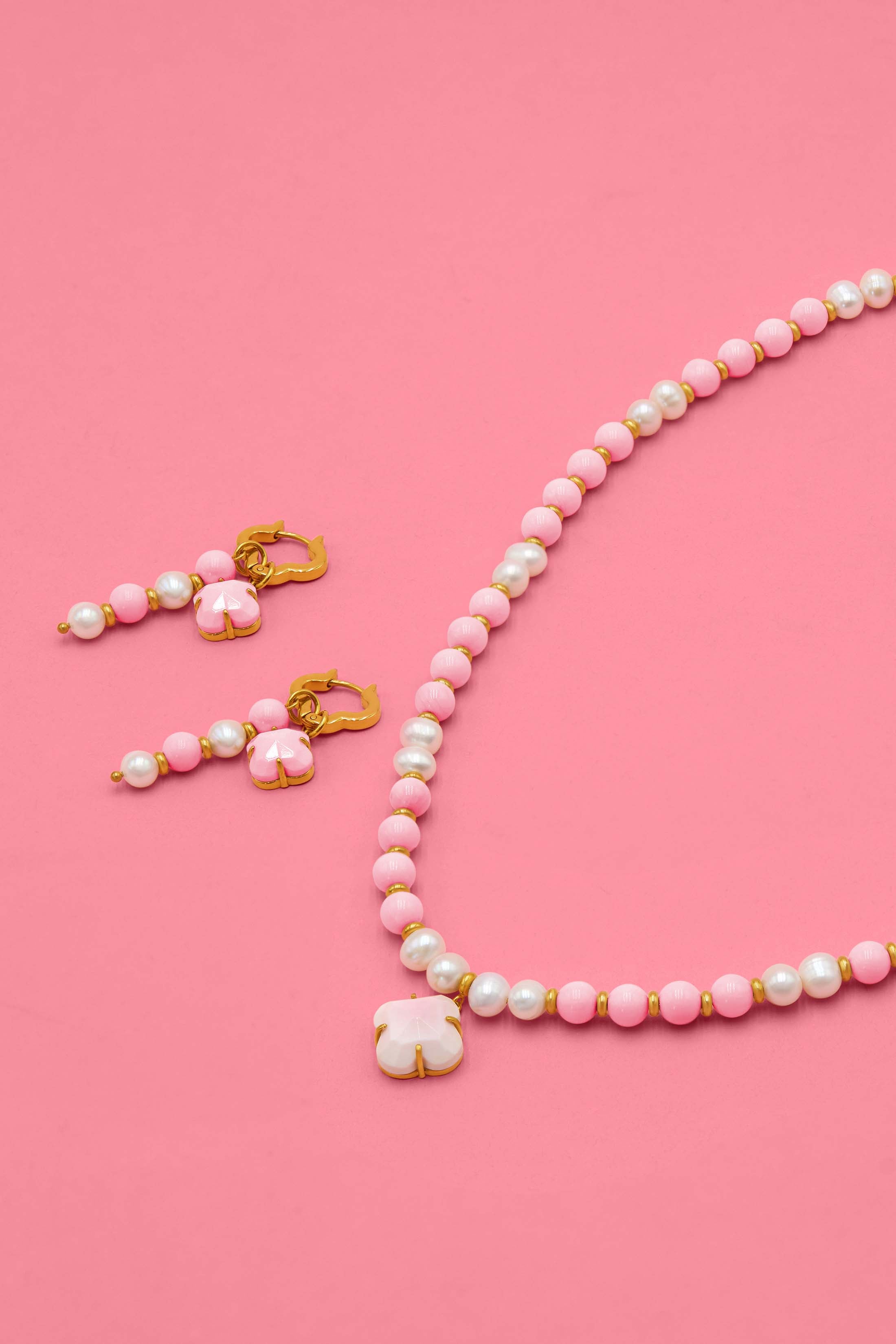 Pink Pearl Duo Earring Set &amp; Necklace Gift Set