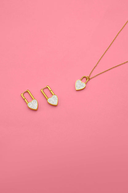 Locked in Crystal Earrings &amp; Love On Lock Necklace Gift Set