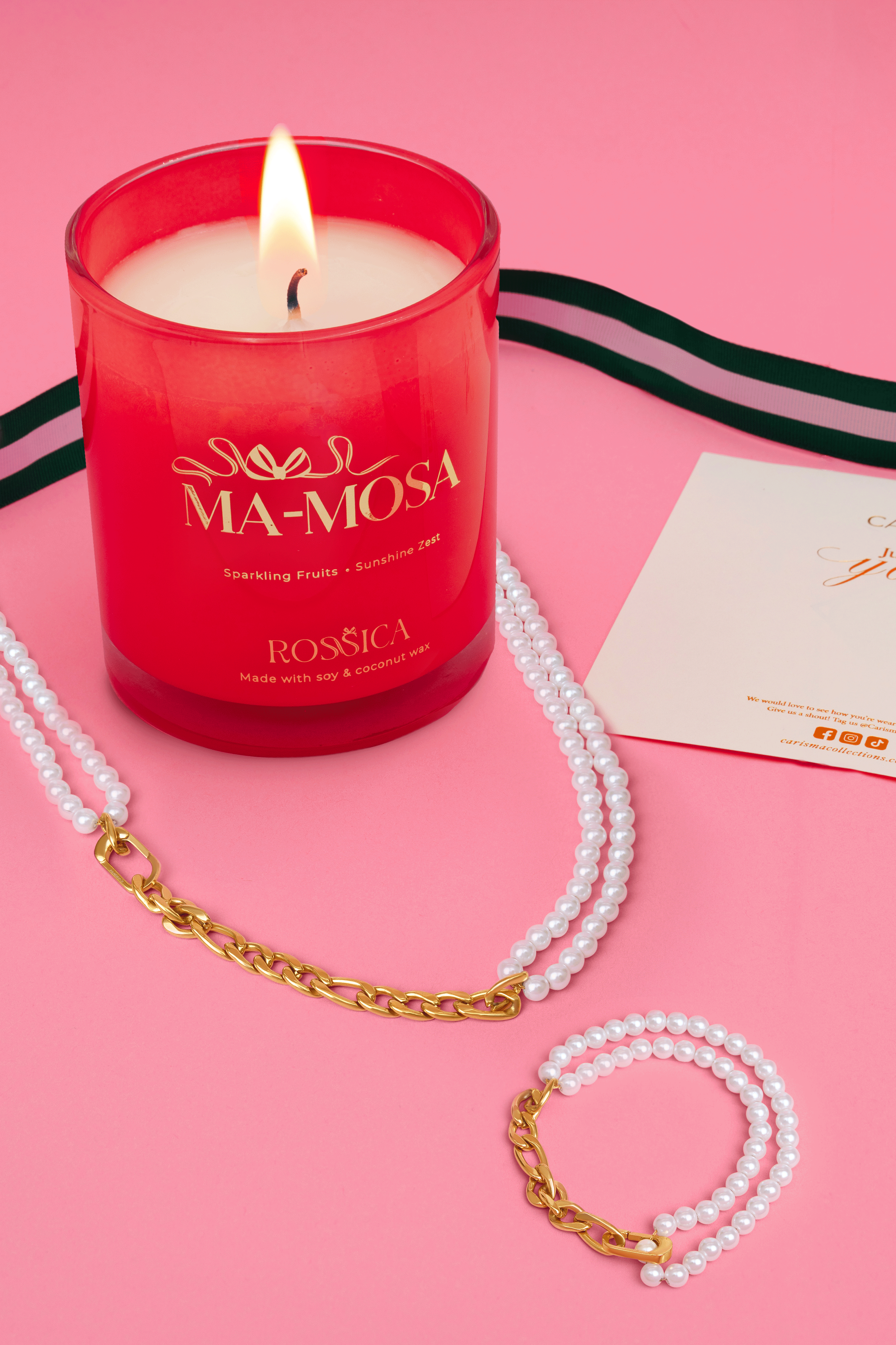 Linked in Pearls Necklace, Bracelet &amp; Rossica Candle Gift Set
