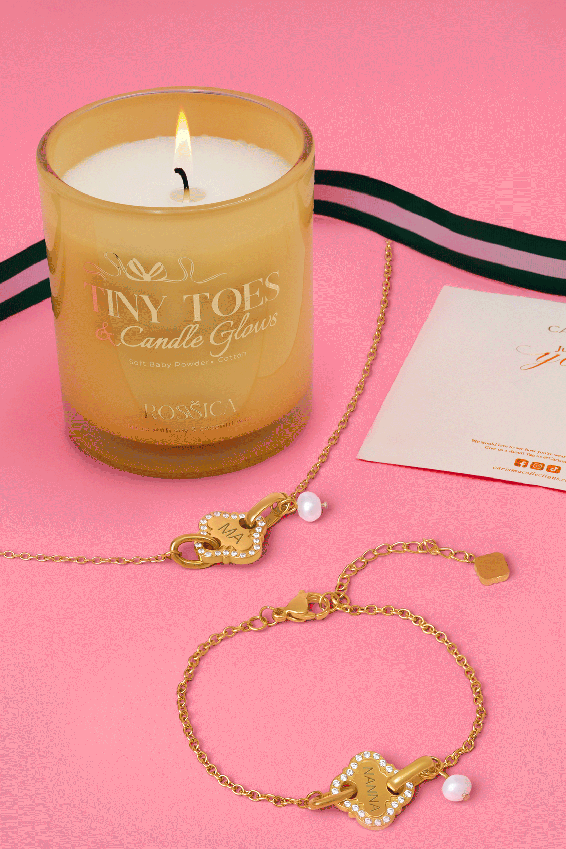 Pearl Linked Engravable Necklace, Bracelet &amp; Rossica Candle Gift Set