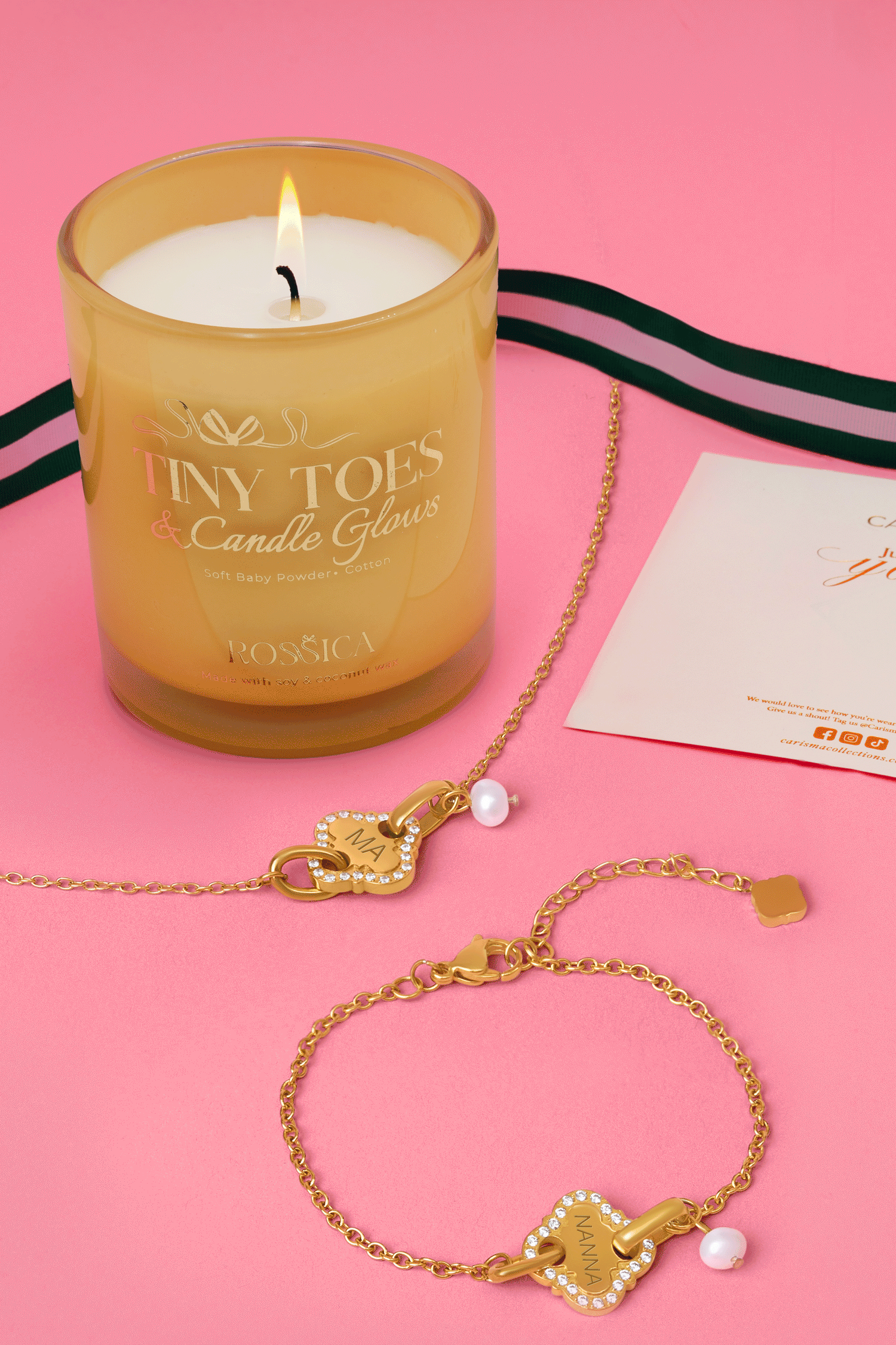 Pearl Linked Engravable Necklace, Bracelet &amp; Rossica Candle Gift Set