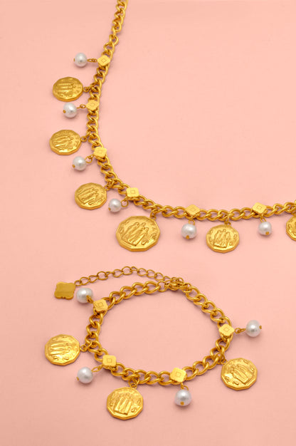 Fortitude, Faith &amp; Hope Coin Freshwater Pearl Charm Bracelet &amp; Necklace Gift Set