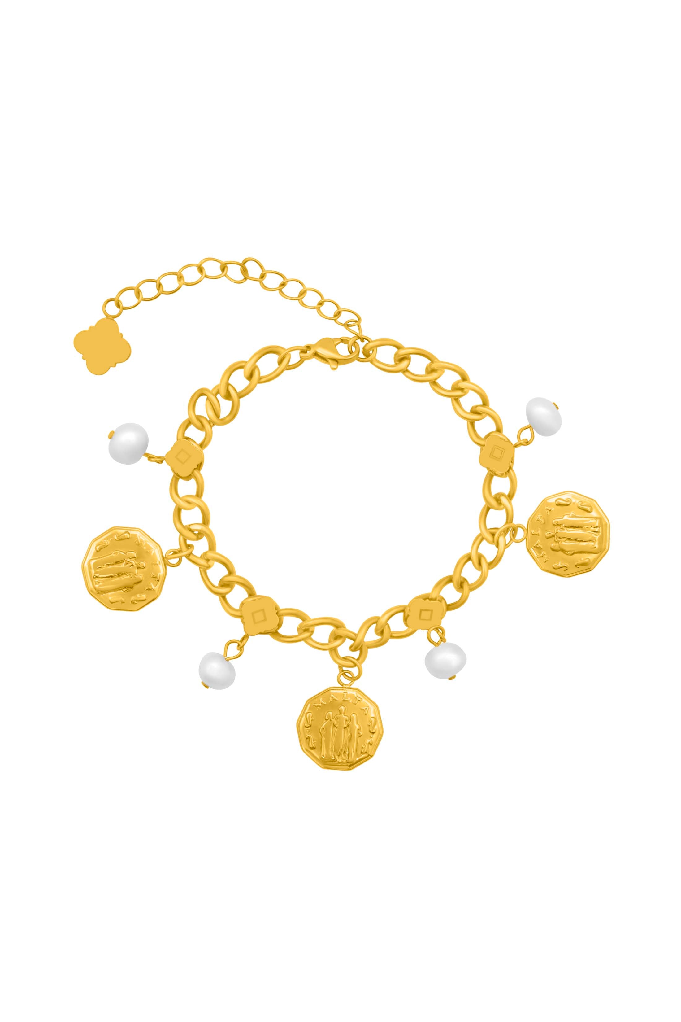 Fortitude, Faith &amp; Hope Coin Freshwater Pearl Charm Bracelet