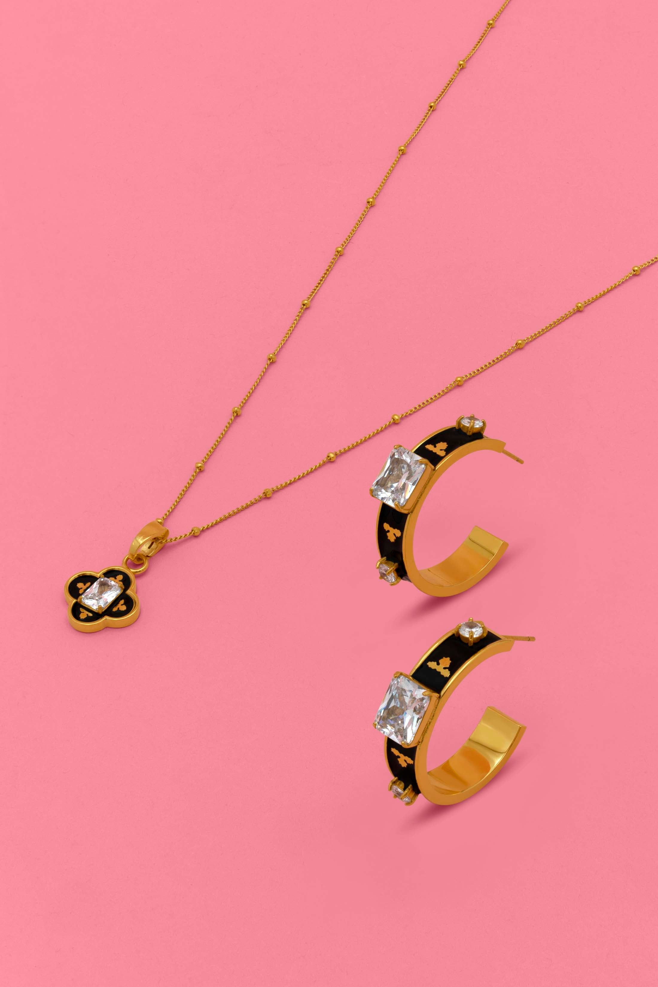 Royal Tile Black Enamel Hoop Earring Set &amp; Pendant Gift Set